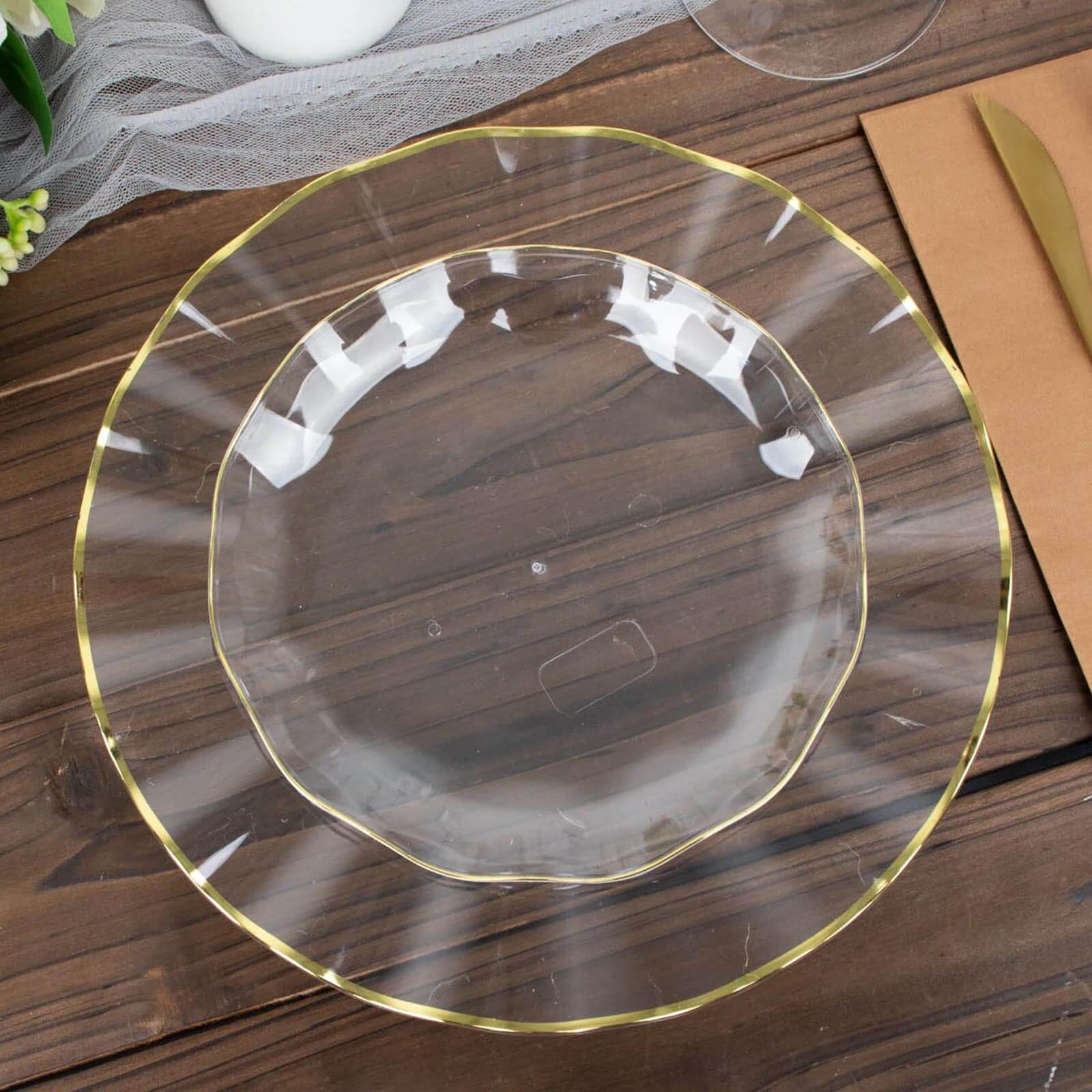 Hot Deal! 10-Pack Disposable Plastic Round 6-Inch Dessert Plates with Clear Ruffled Rim and Gold Edging