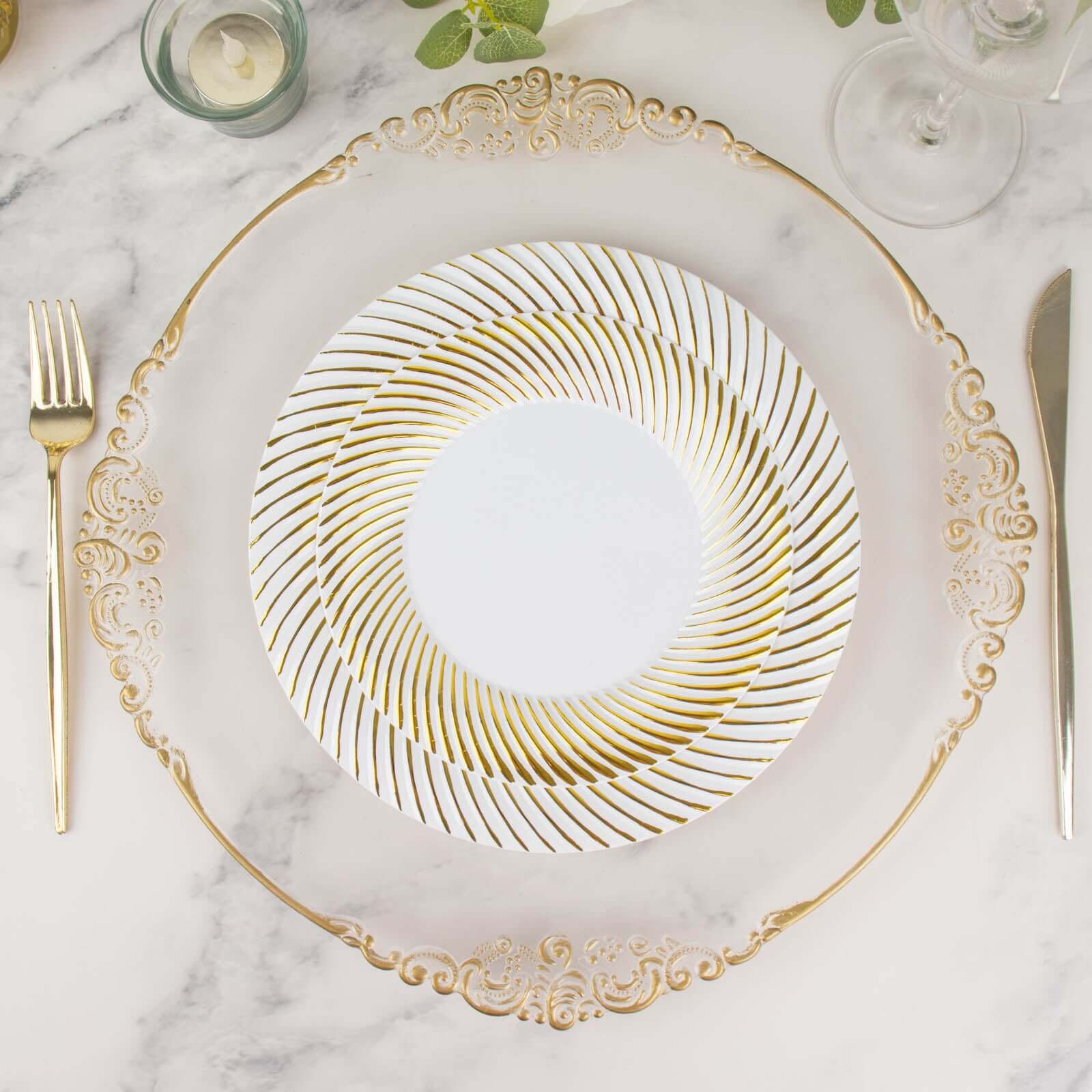 10-Pack Disposable White Dinner Plates with Gold Swirl Rim - Ideal for Parties
