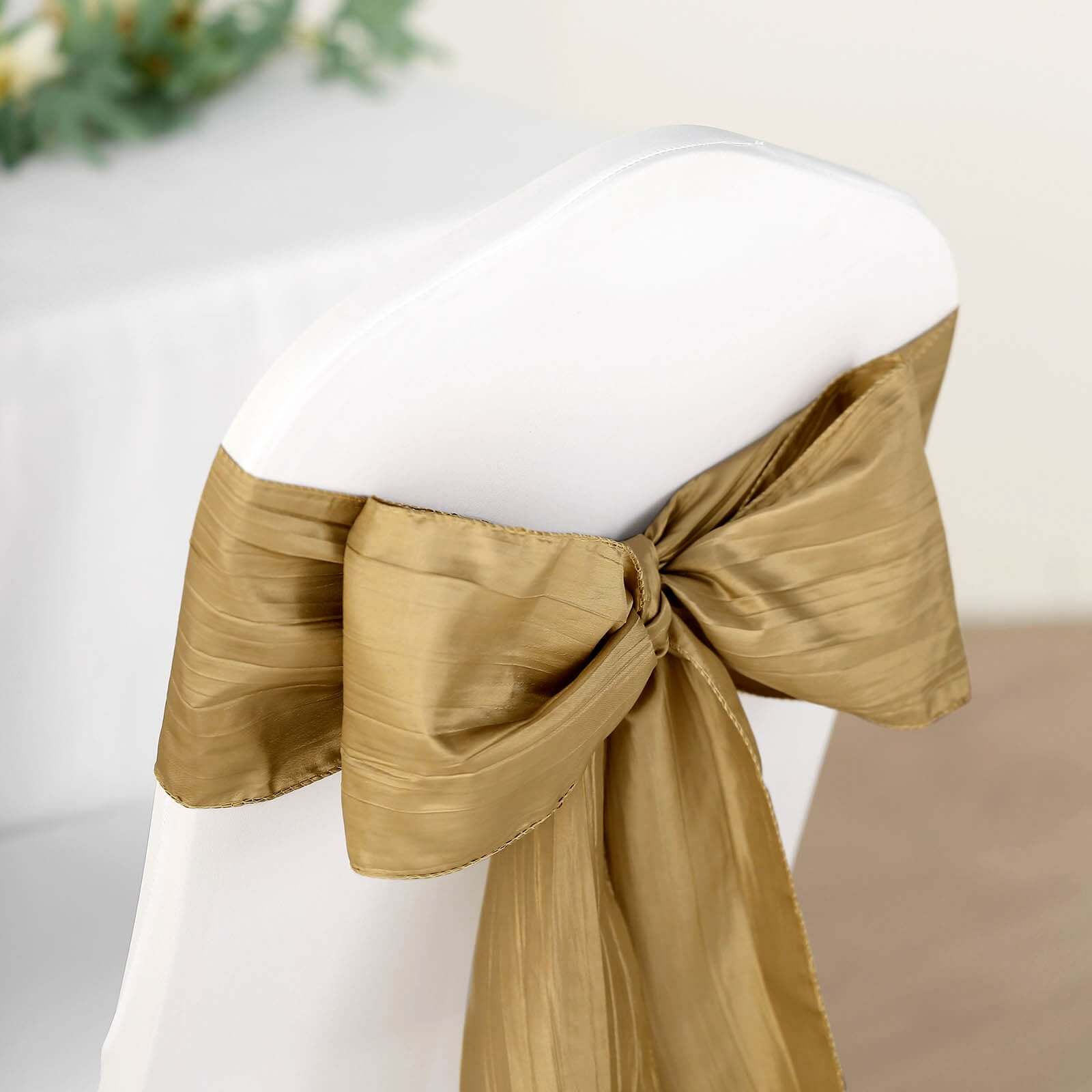Gold Taffeta Chair Sashes - 5 Pack for Weddings & Events, Accordion Crinkle Style