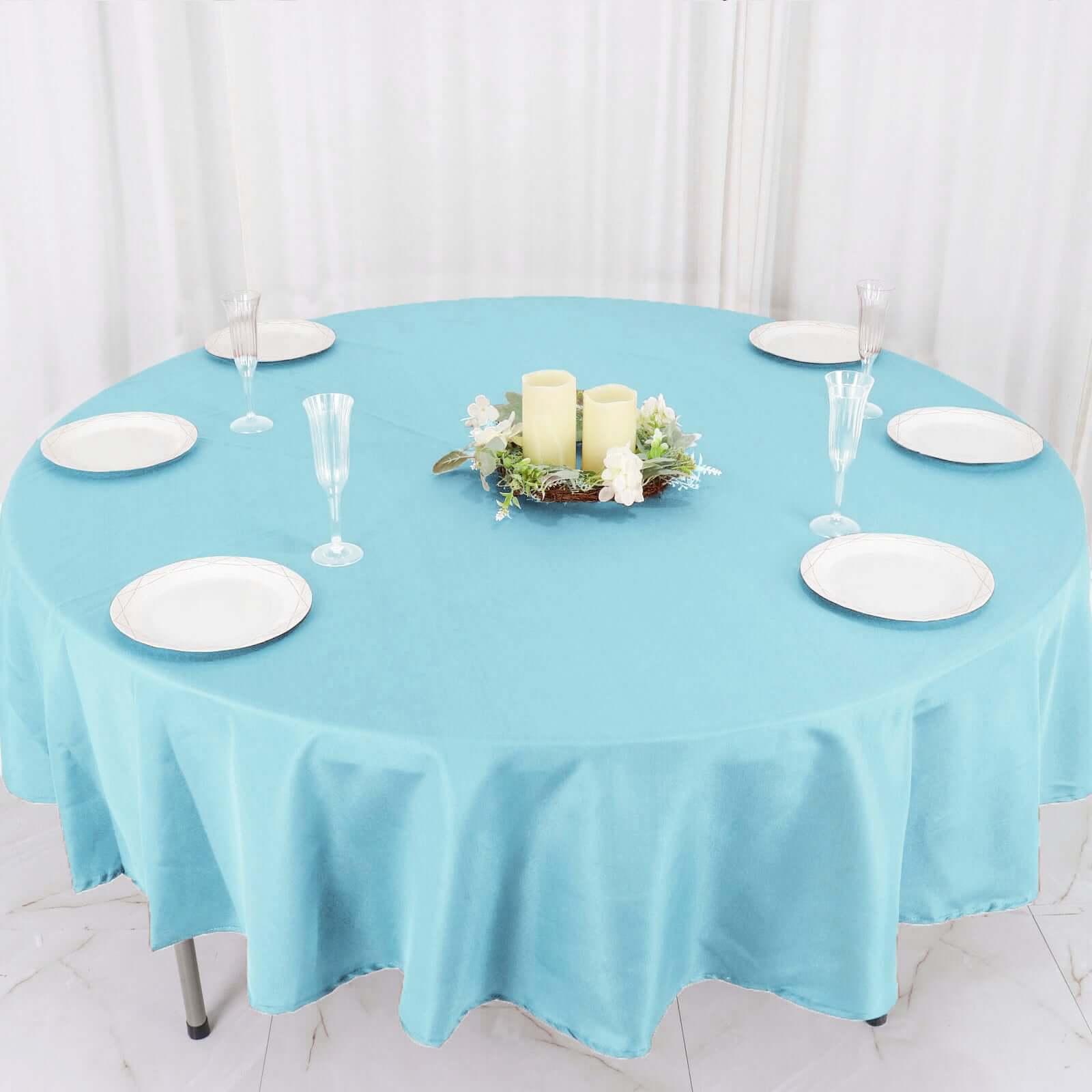Get This Light Blue 90-Inch Round Polyester Tablecloth - Stain & Wrinkle Free!