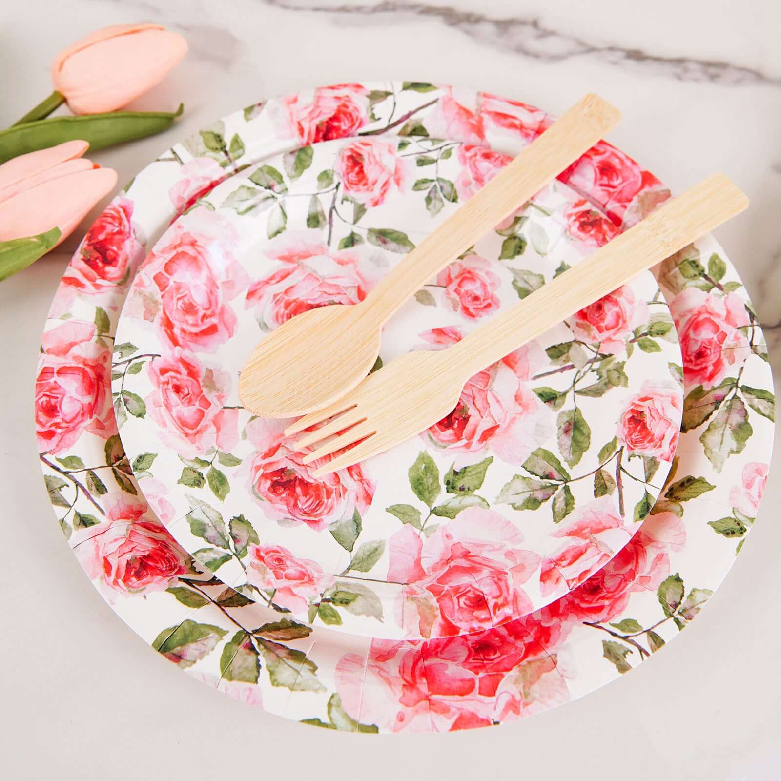 Get 25 Pack of Premium Dinner Paper Plates with Rose Flower Bouquet Design - 9
