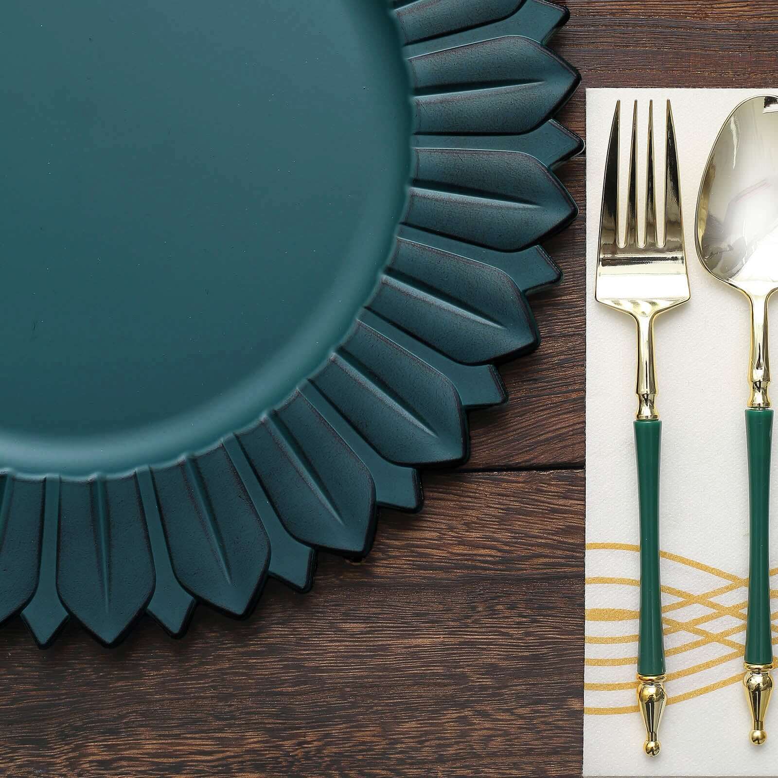 6-Piece Set of 13-Inch Matte Teal Plastic Round Charger Plates with Sunflower Rim
