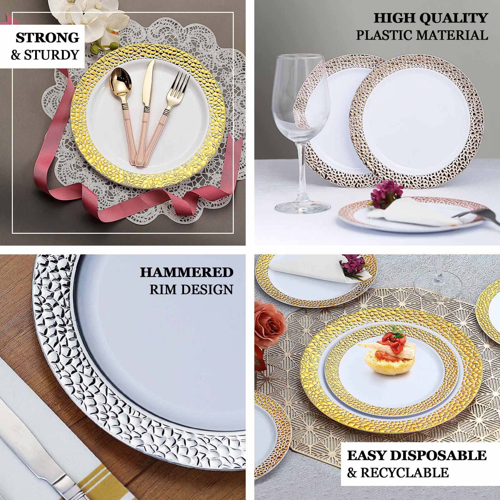Special Offer! 10-Pack Disposable Round Plastic Dinner Plates with Clear Hammered Design and Gold Rim for Chic Events