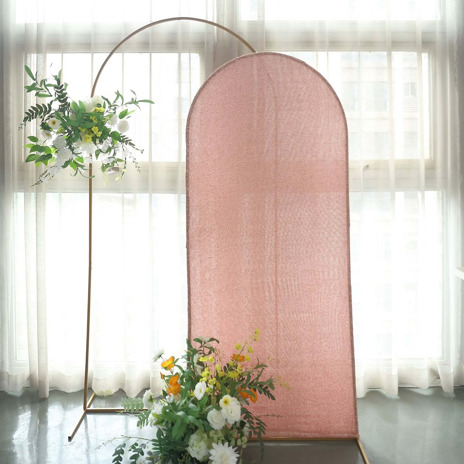 6ft Rose Gold Shimmer Tinsel Spandex Cover for Fitted Round Top Wedding Arch Stand