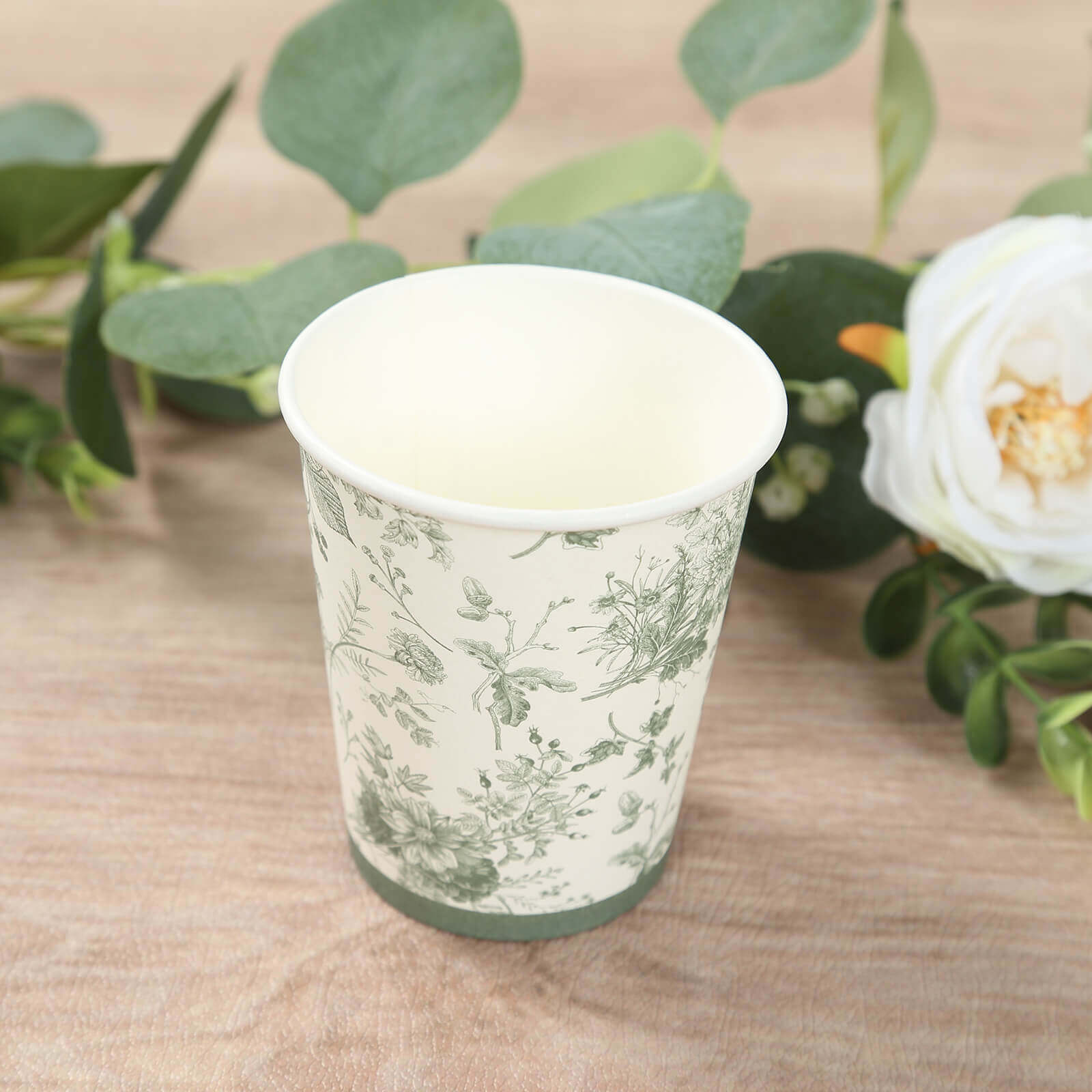 24-Piece 9oz Disposable Paper Party Cups in Elegant White & Sage Green French Toile Design