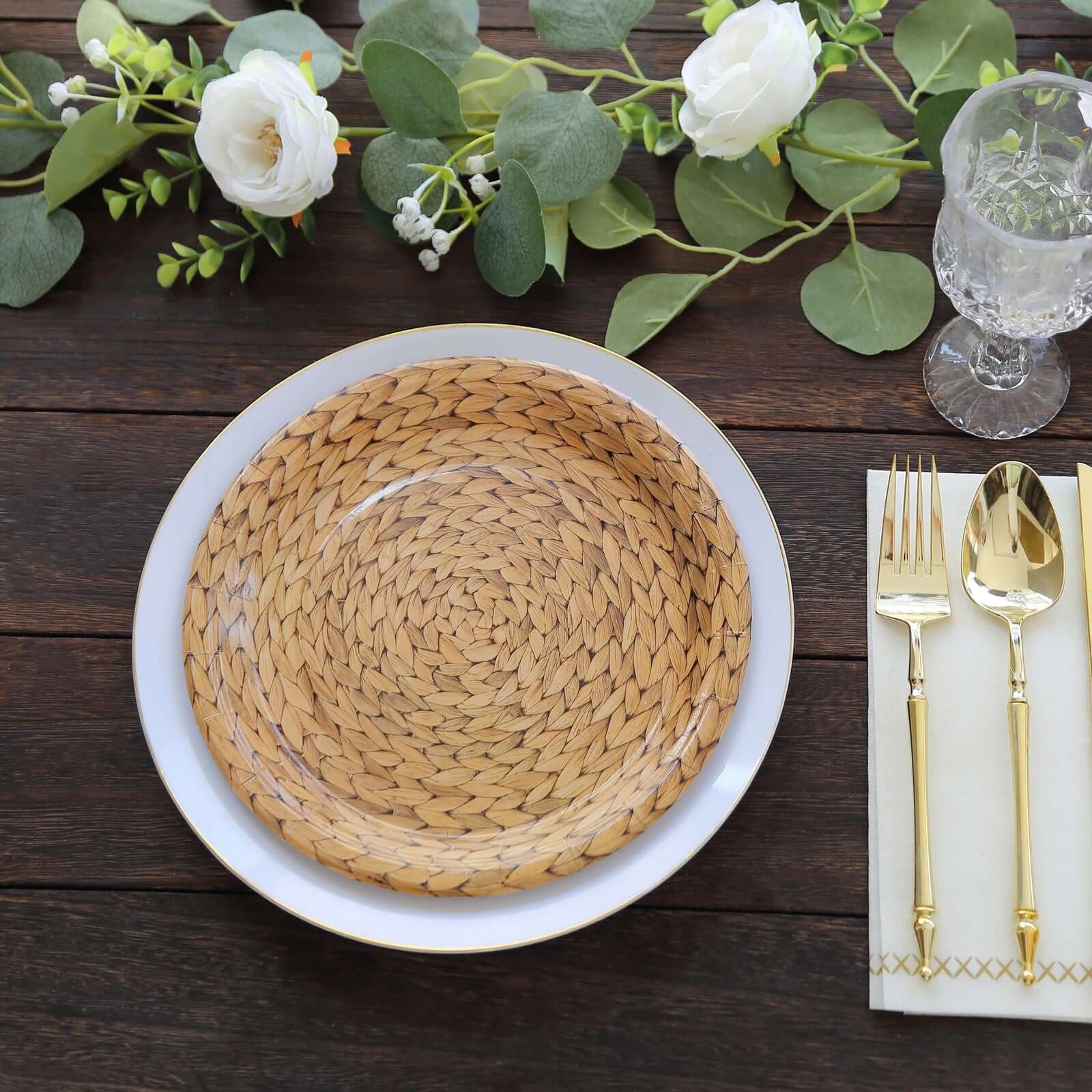 25-Pack Disposable 9-Inch Round Natural Paper Dinner Plates with Woven Rattan Print - Ideal for Rustic Farmhouse Parties