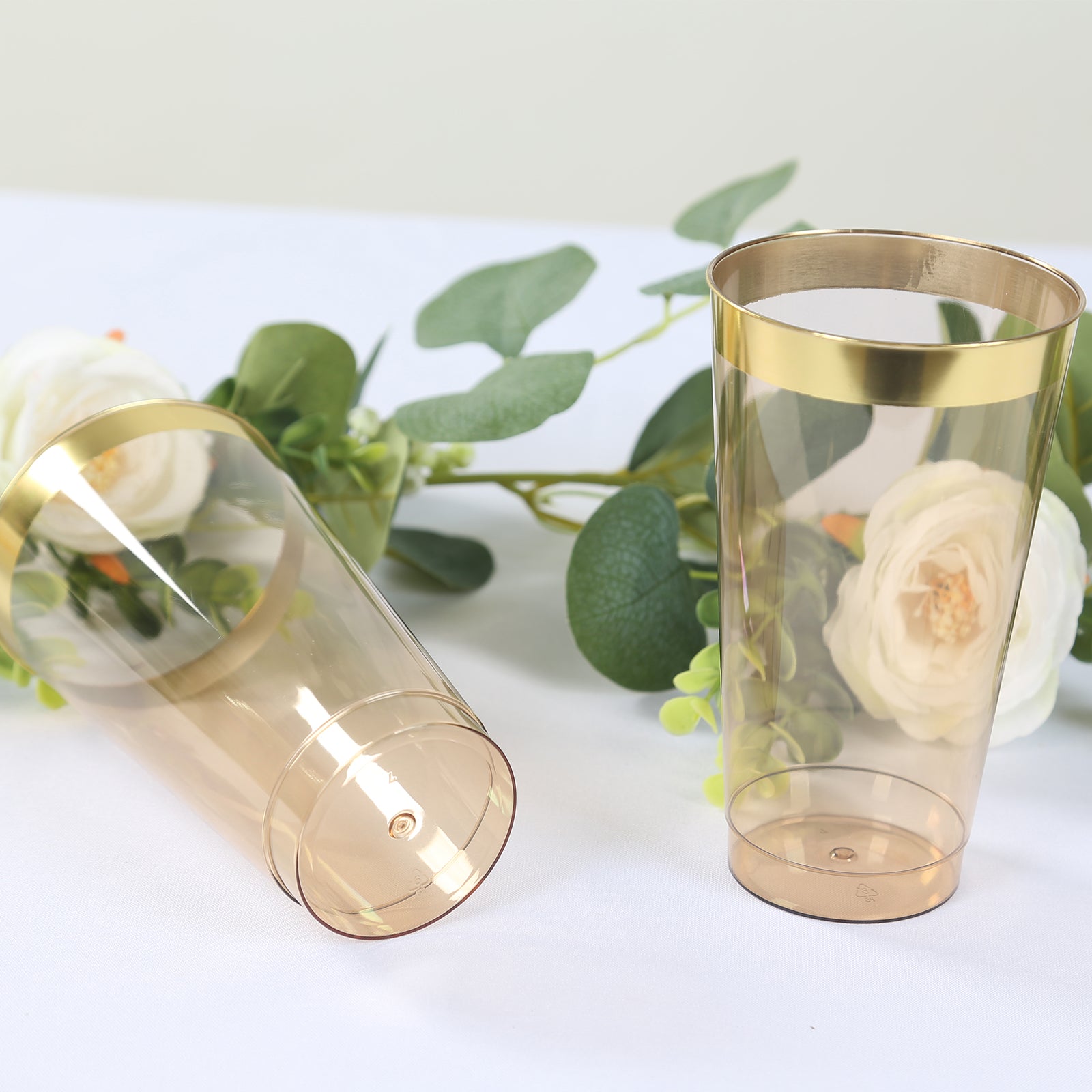 12-Pack 17oz Durable Disposable Plastic Party Cups - Transparent Amber Gold with Gold Rim