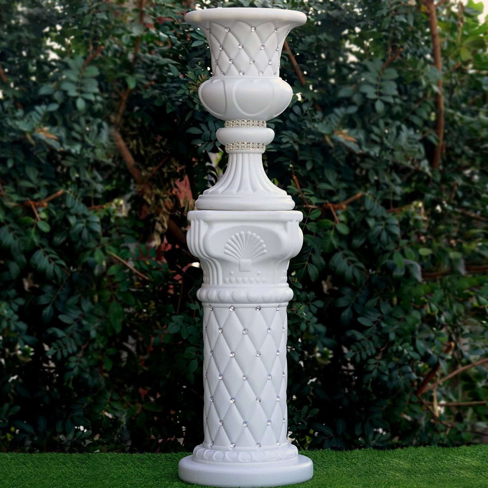 2-Pack 18-Inch Tall PVC Pedestal Stand Flower Plant Pillar with 10mm White Crystal Studs, Italian-Inspired