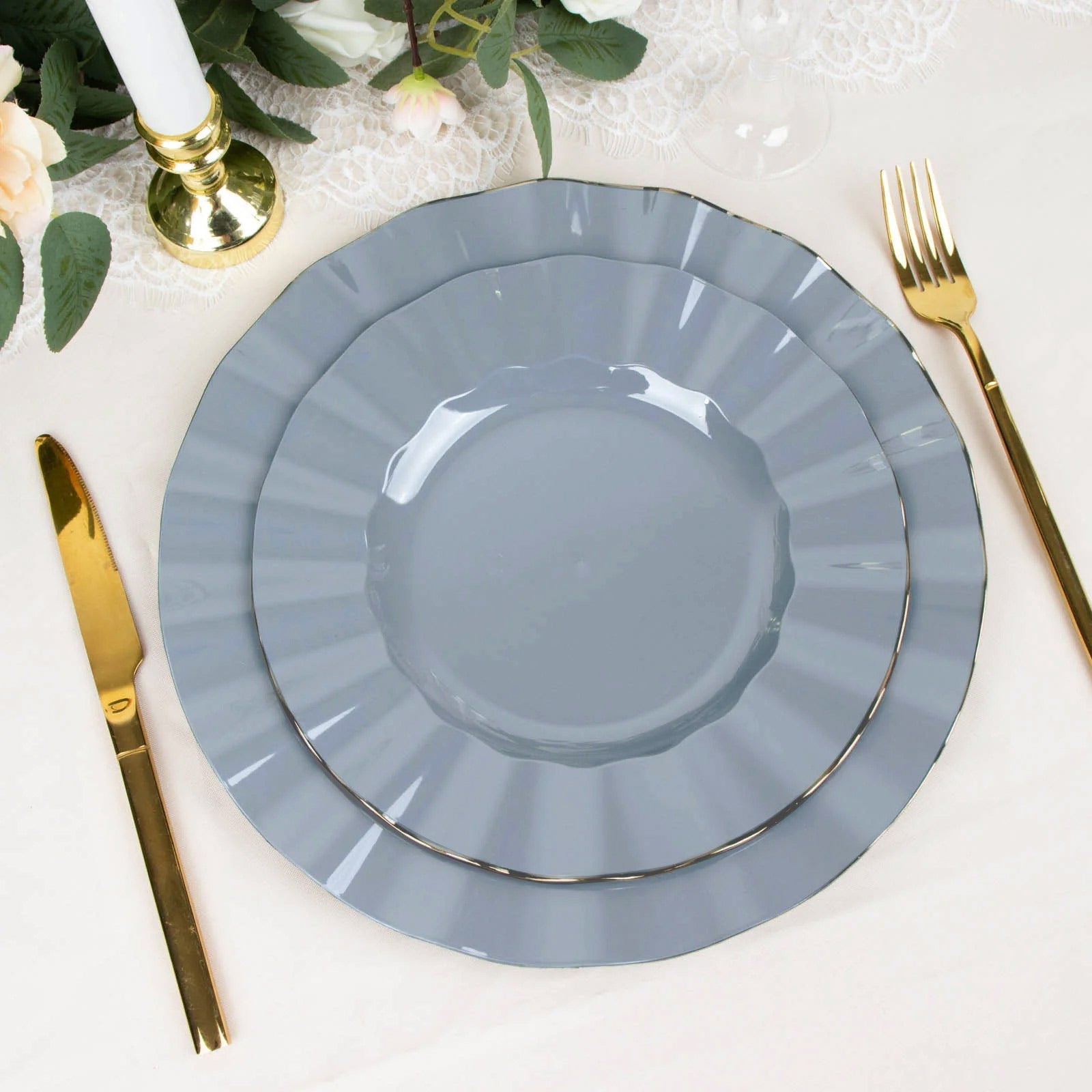 10-Pack Plastic 9 Round Dinner Plates in Dusty Blue Ruffled Rim with Gold Edging - Sturdy Disposable Dinnerware