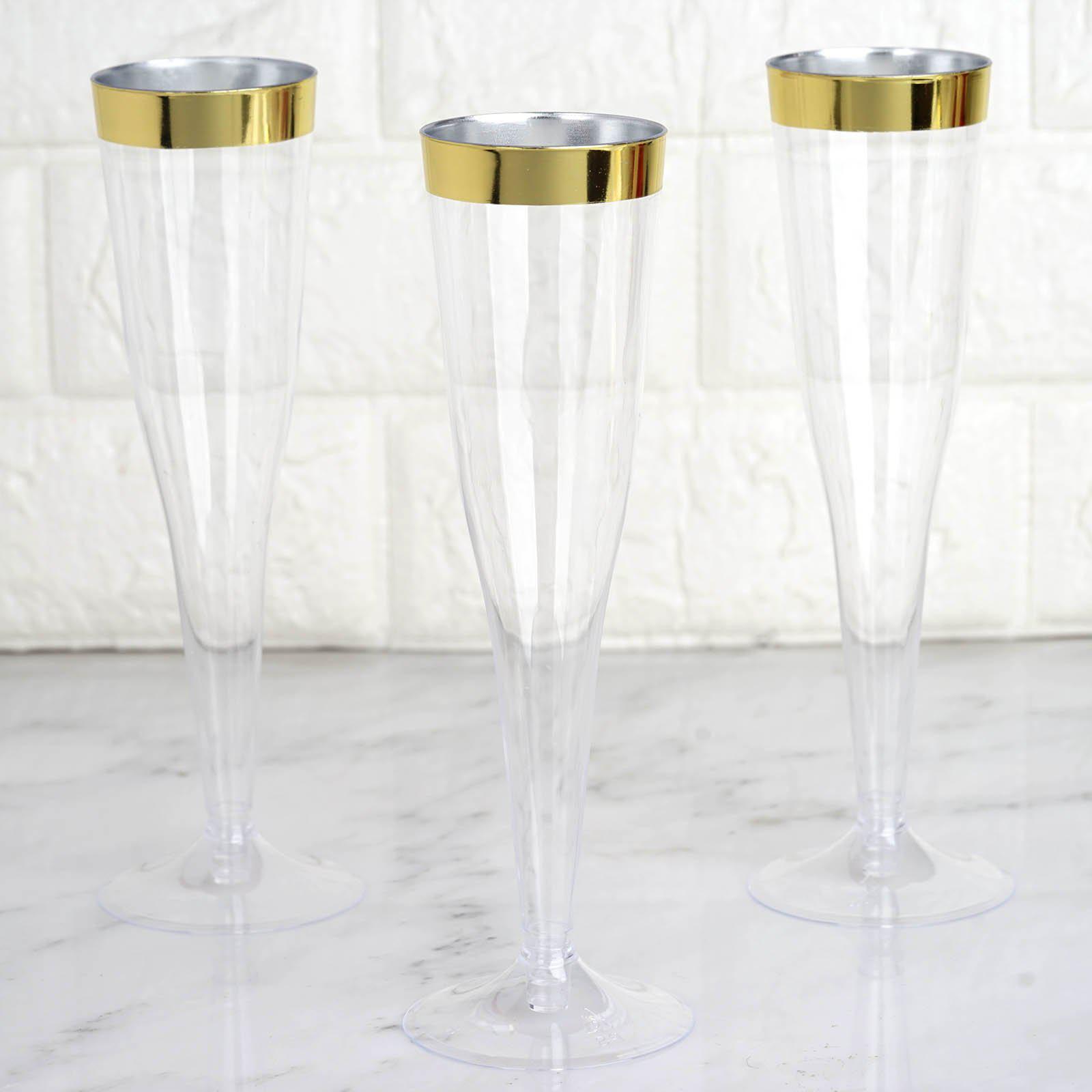 12-Pack Stylish Disposable 6oz Plastic Champagne Flutes with Detachable Base, Clear with Gold Rim