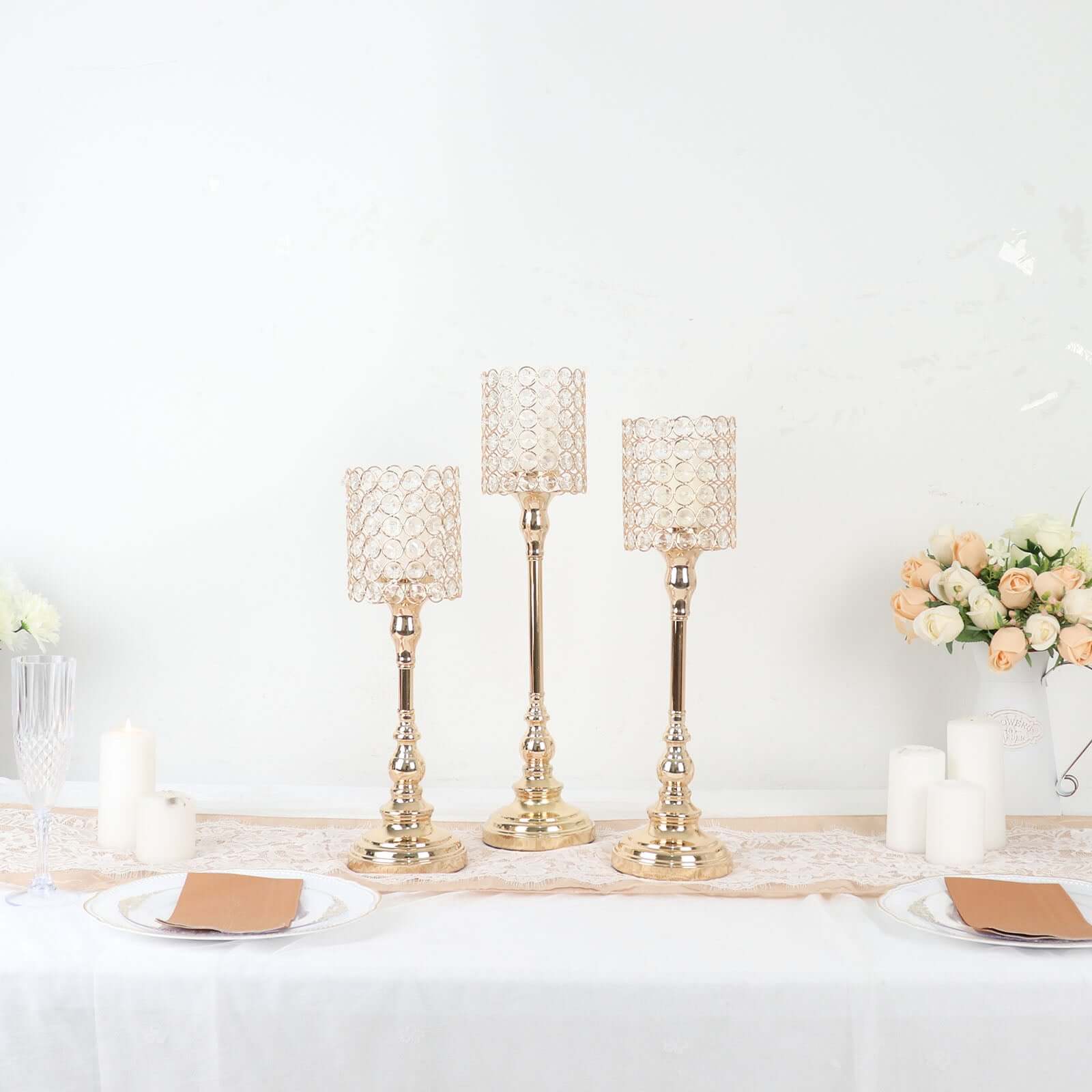 Hot Sale! Set of 3 Gold Crystal Beaded Cylinder Votive Candle Holder Stands for Events