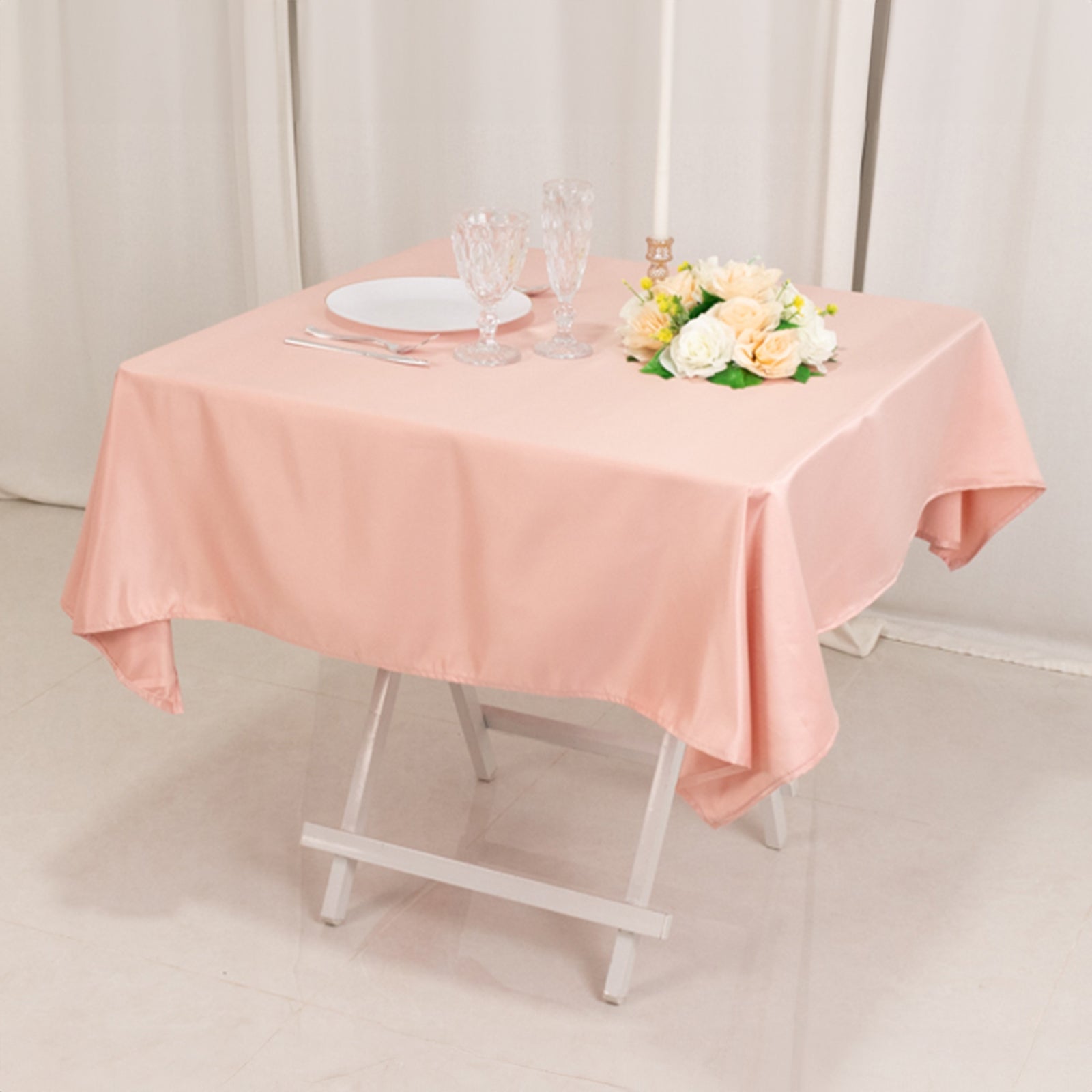 Lamour Satin 54x54 Dusty Rose Square Table Overlay - Durable Silk-Like Table Cover