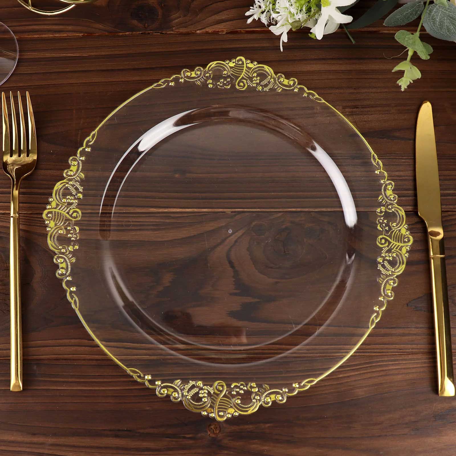 Hot Deal! 10-Pack Disposable Round Plastic Dinner Plates with Gold Leaf Embossed Rim in Vintage Baroque Style