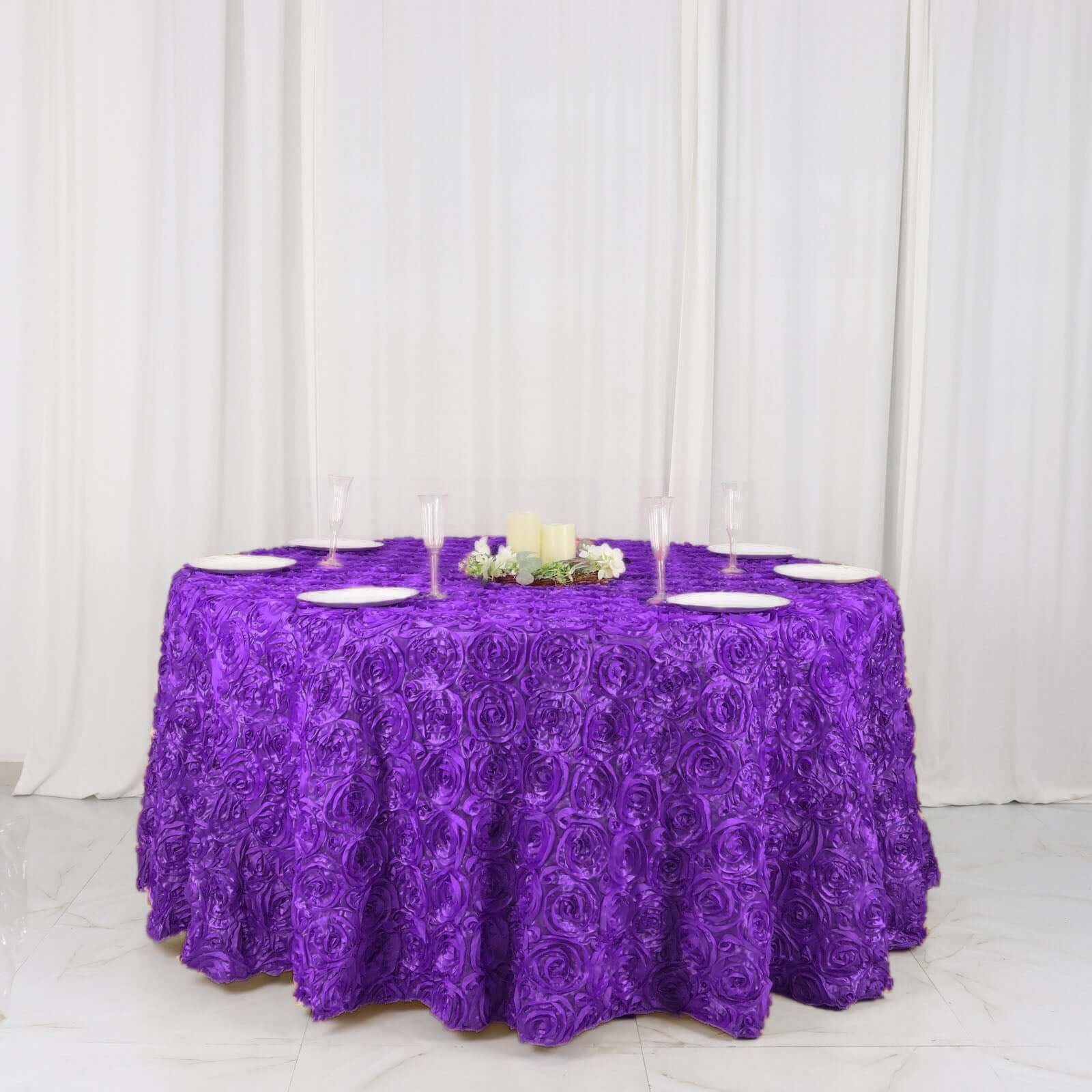 Hot Sale! Purple Satin 120-Inch Round Tablecloth with 3D Rosette and Seamless Finish