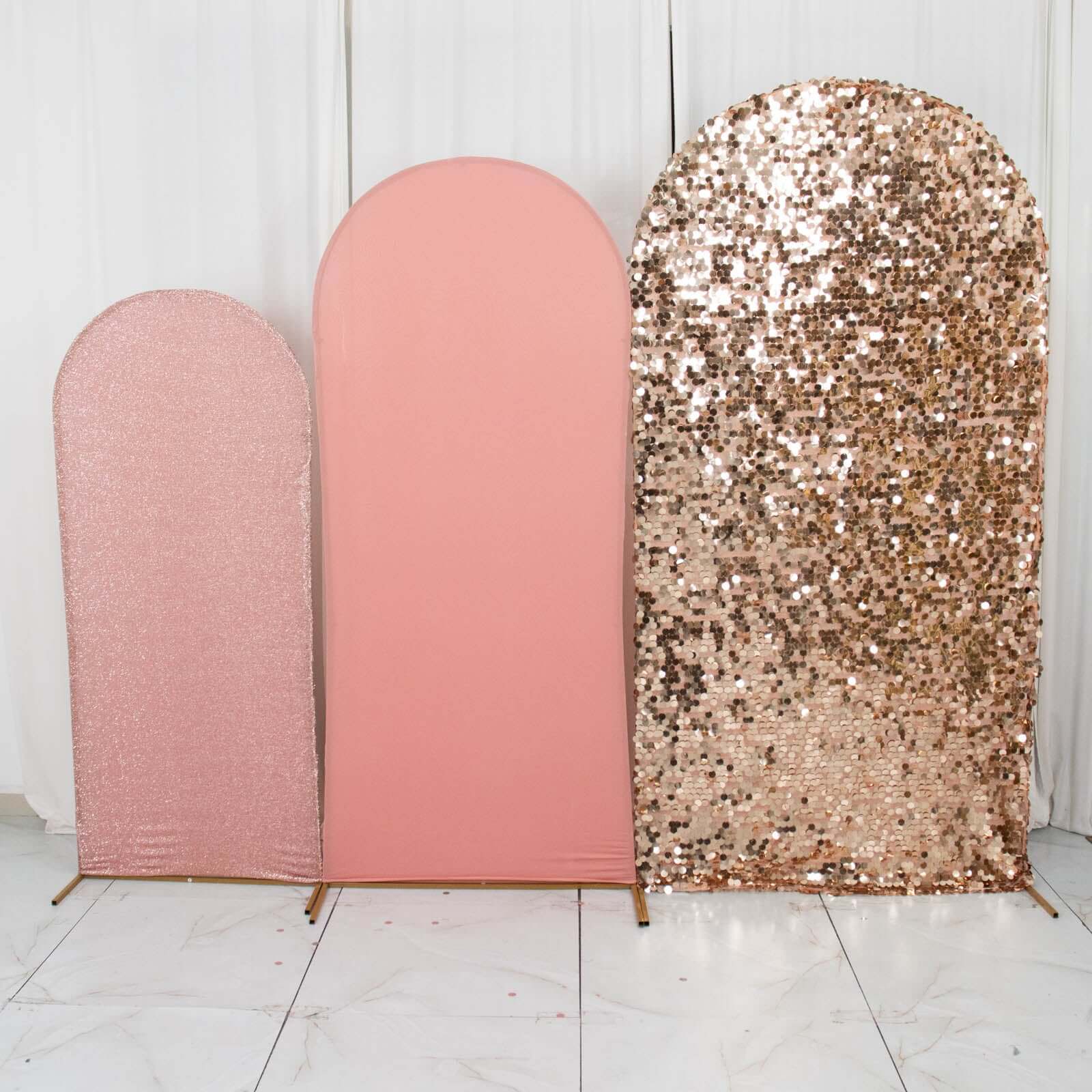 3-Piece Rose Gold Wedding Arch Frame Covers: Sequin, Tinsel & Spandex