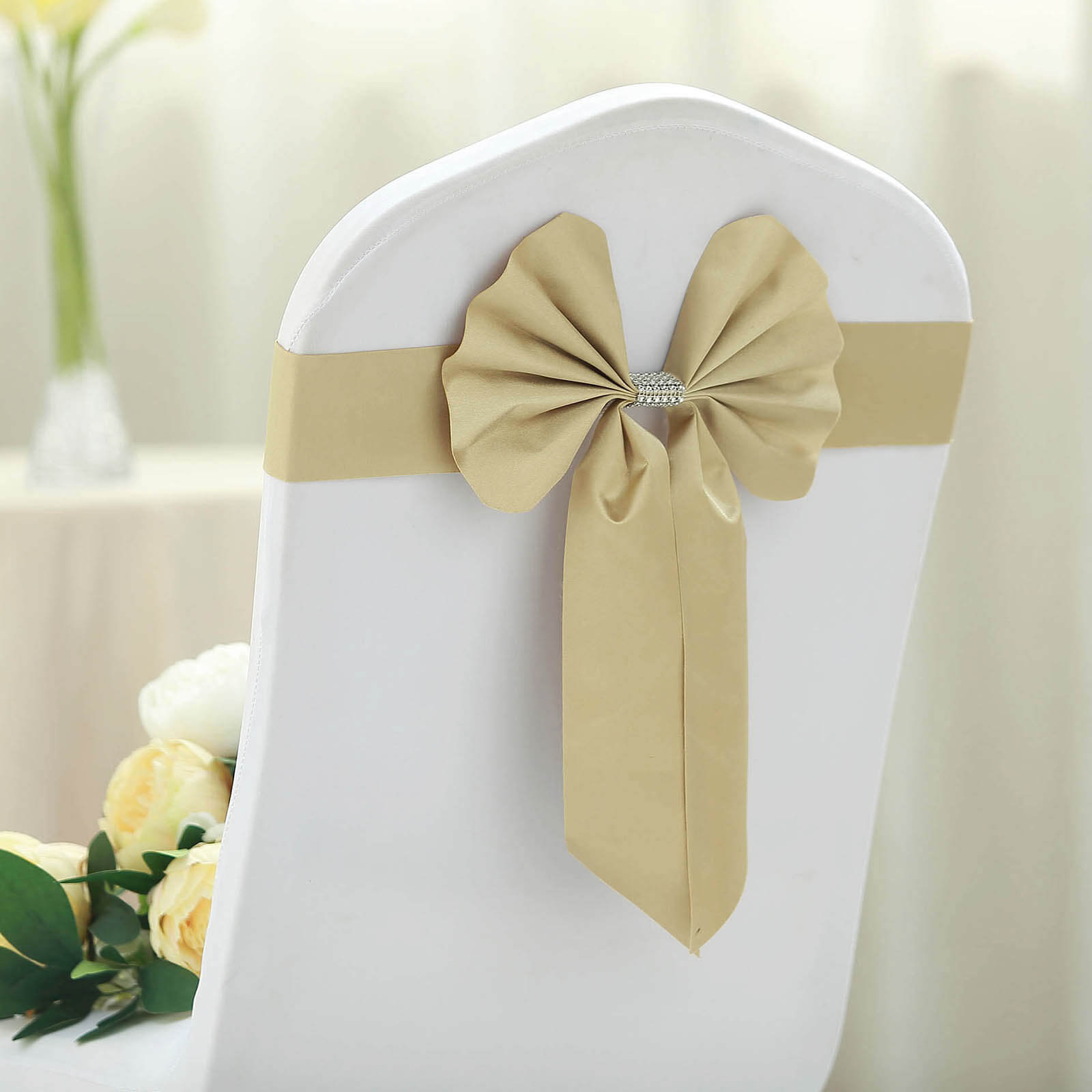 Set of 5 Durable Double-Sided Champagne Satin Faux Leather Chair Sashes with Diamond Rhinestone Buckles