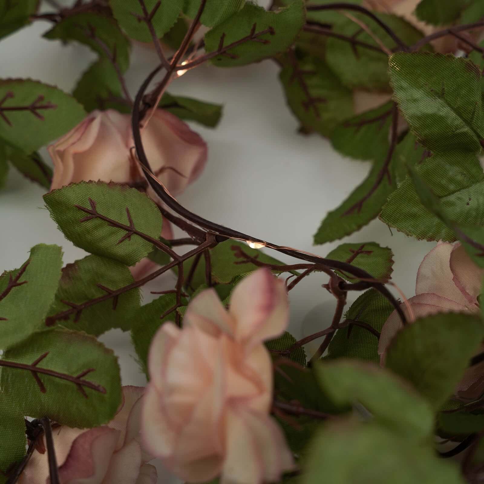 7ft LED Blush Silk Rose Garland with Warm White Battery - Operated Lights, Perfect for Decor