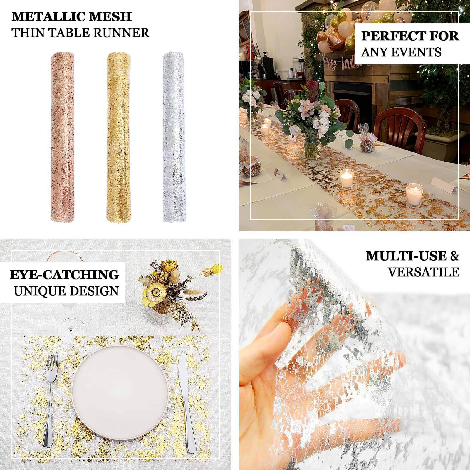 Hot! Disposable Metallic Gold Polyester Table Runner Roll with Distressed Foil Printing for Party Decor