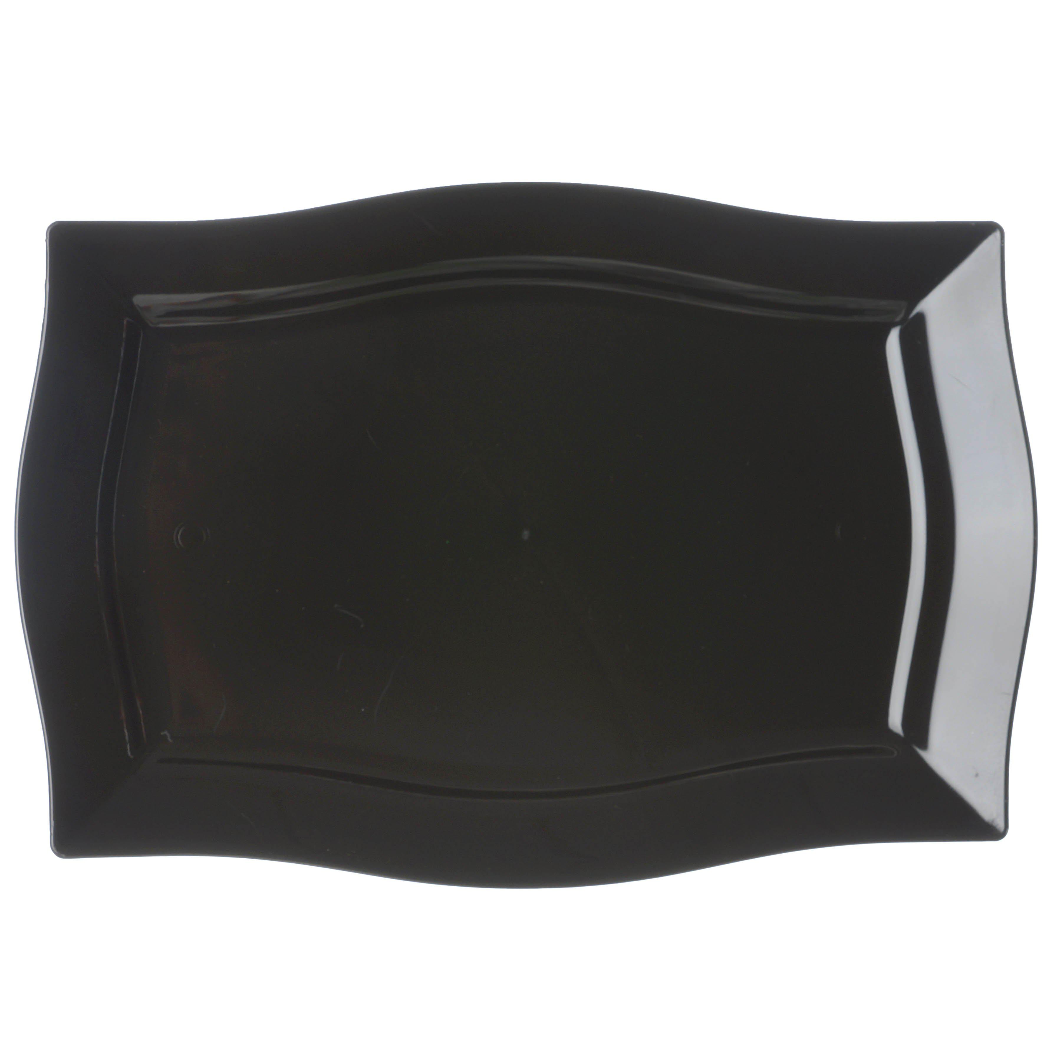 Hot! 10-Pack 12" Glossy Black Plastic Disposable Rectangular Serving Plates with Wave Trimmed Rim