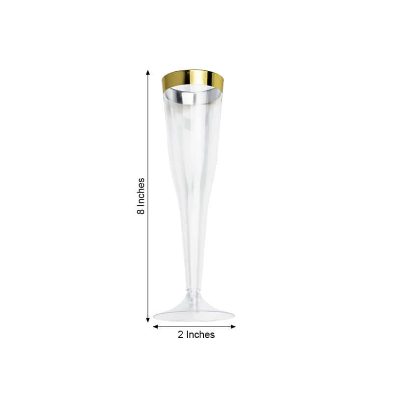 12-Pack Stylish Disposable 6oz Plastic Champagne Flutes with Detachable Base, Clear with Gold Rim