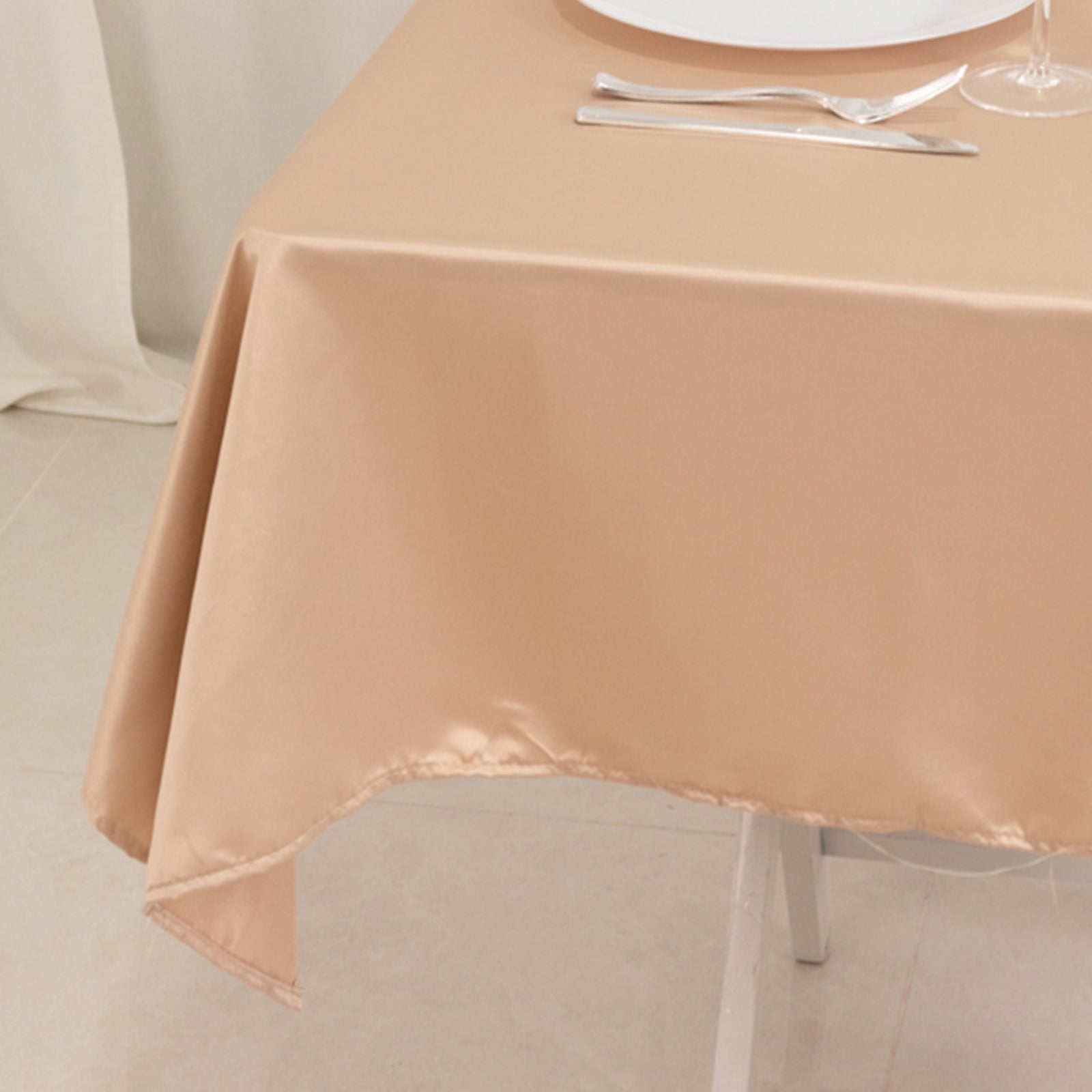 Nude Lamour Satin 54x54 Square Table Overlay - Durable, Silk-Like Table Cover