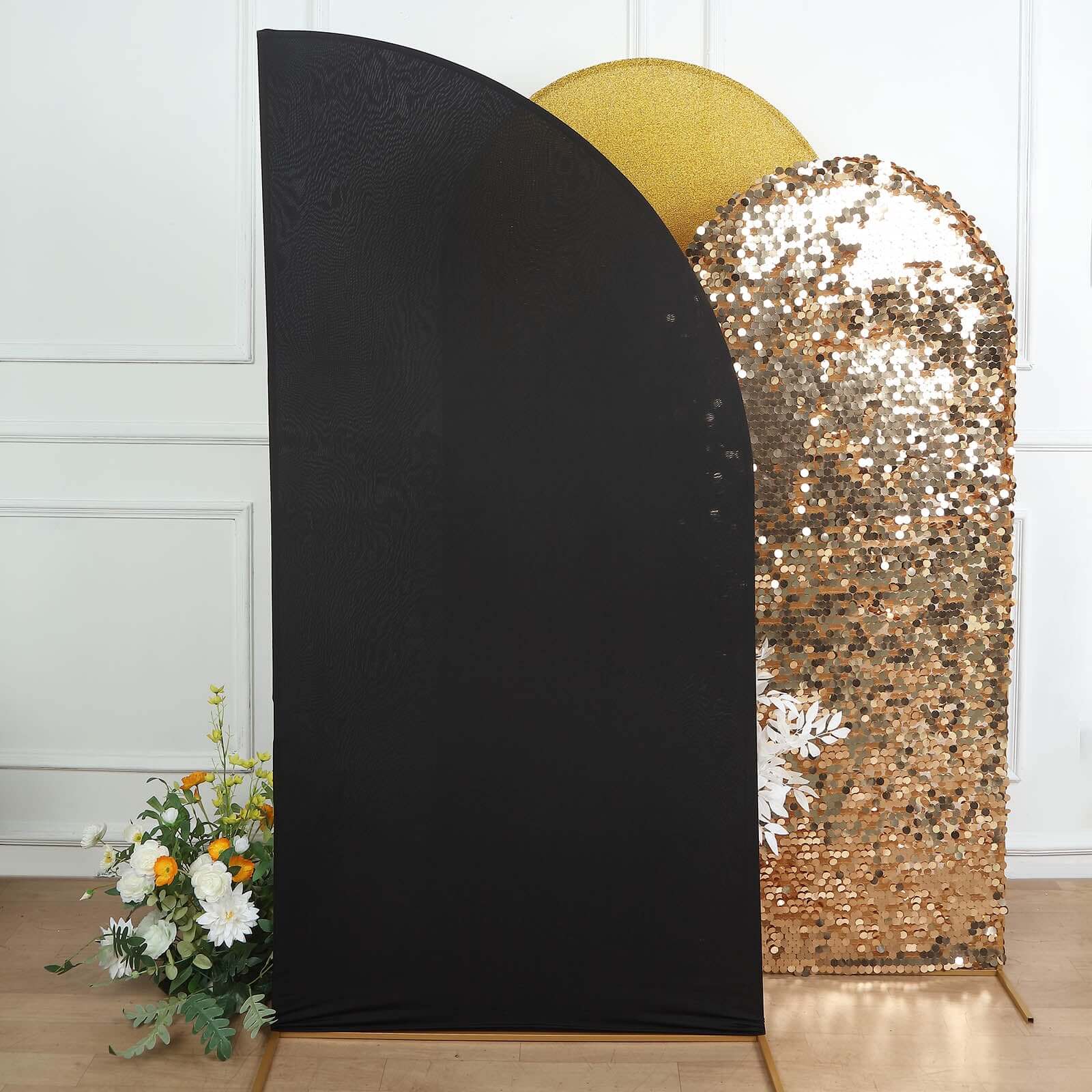 Custom Fitted 7ft Matte Black Spandex Half Moon Chiara Backdrop Stand Cover for Wedding Arch