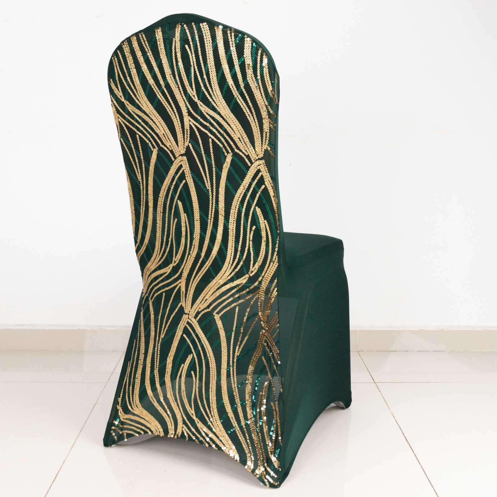 Sparkling Hunter Emerald Green/Gold Spandex Banquet Chair Covers with Wave Embroidered Sequins - Stretch Fitted Slipcovers