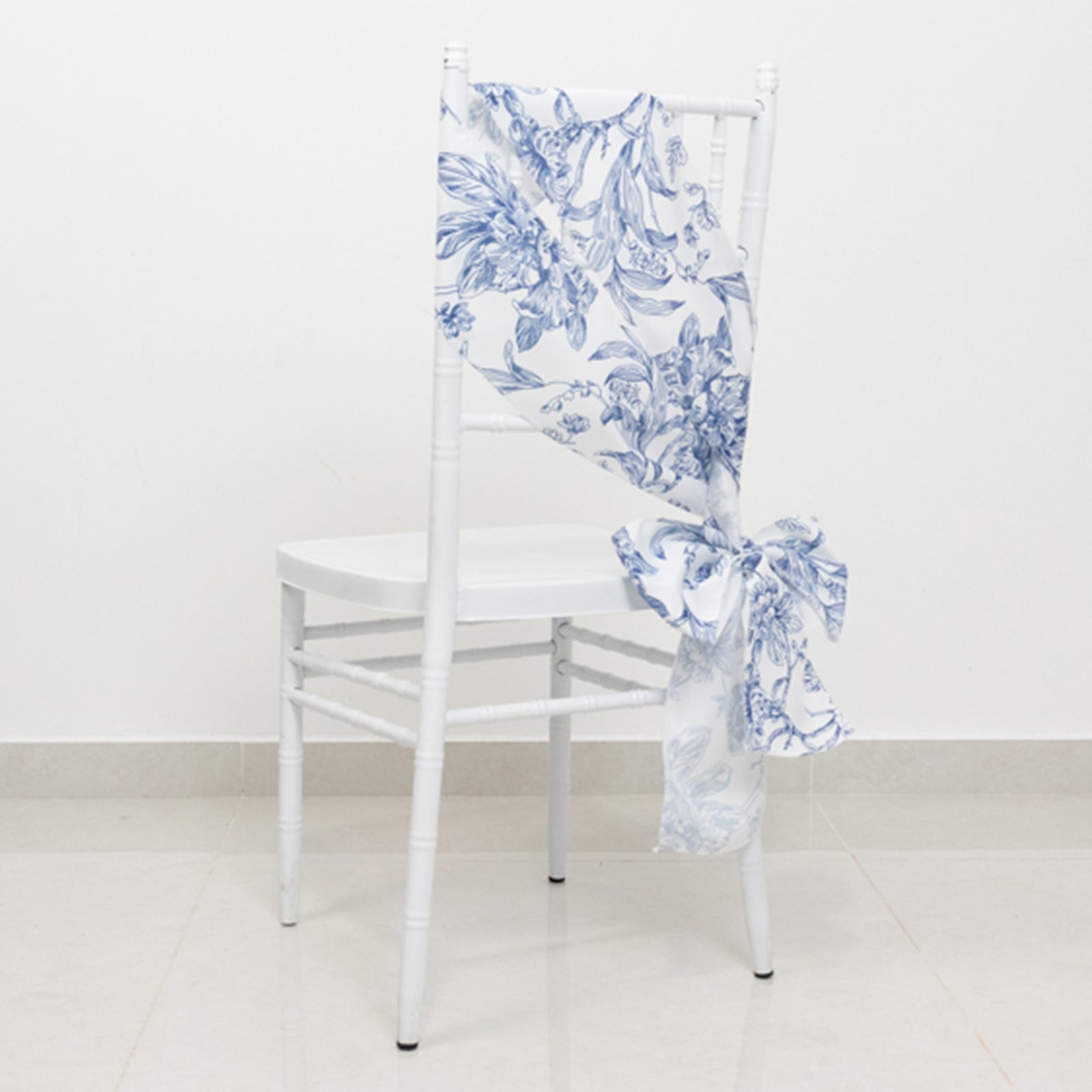 Wrinkle-Resistant Polyester Chair Sashes in White/Blue French Toile Floral Design for Weddings & Banquets