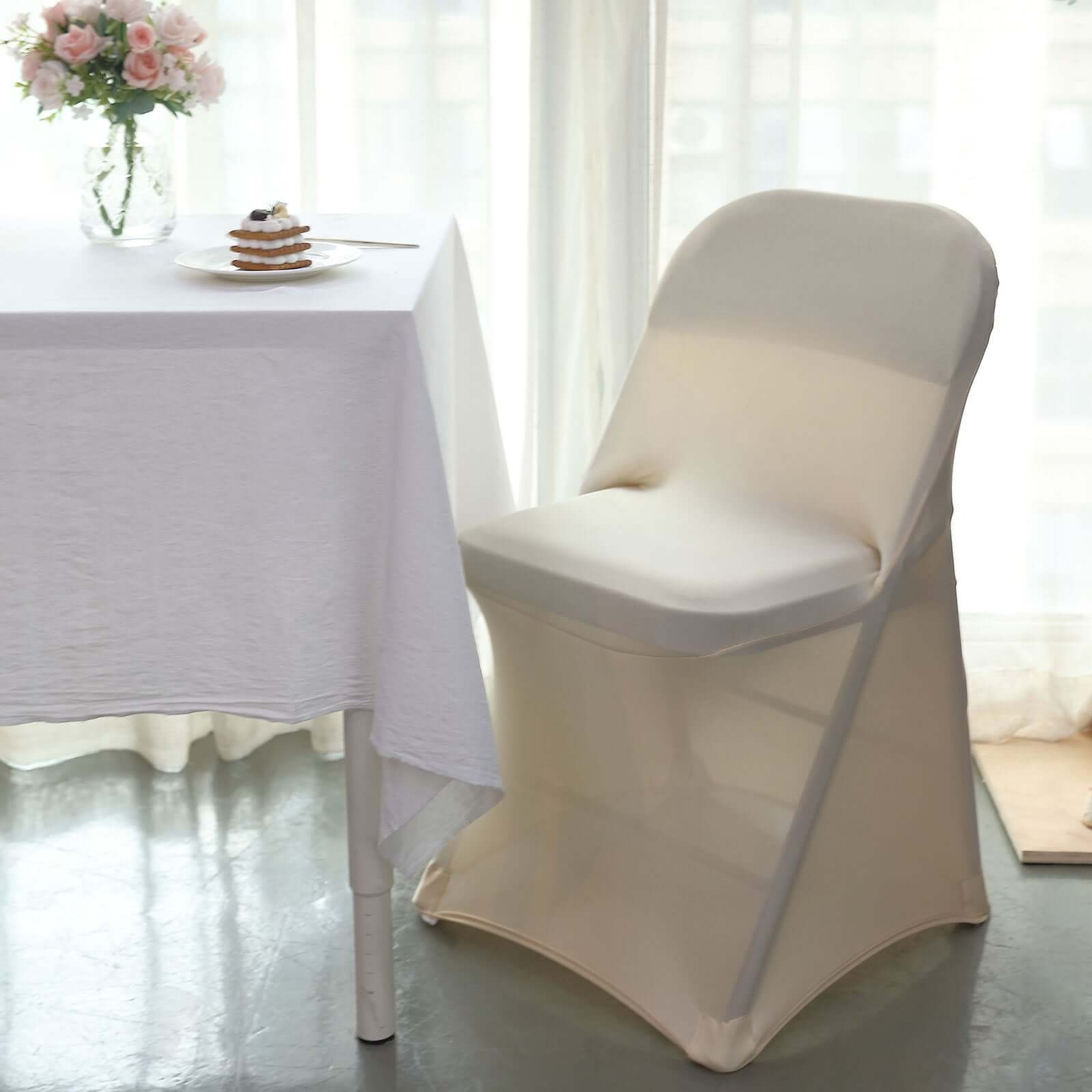 Premium Reusable Beige Spandex Stretch Slipcover for Folding Chairs - 160GSM Wrinkle-Resistant