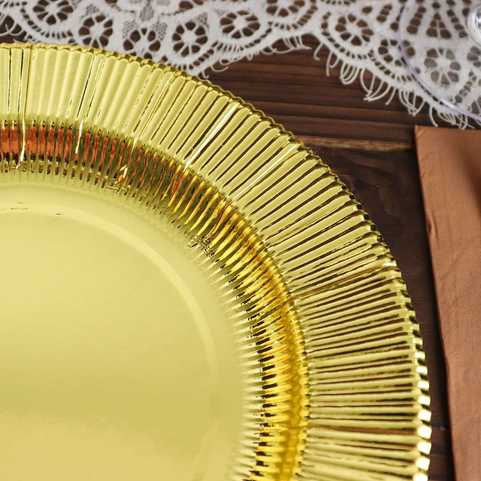 25-Piece Set of Disposable 8-Inch Round Metallic Gold Sunray Design Paper Dessert Plates - Heavy Duty 350GSM