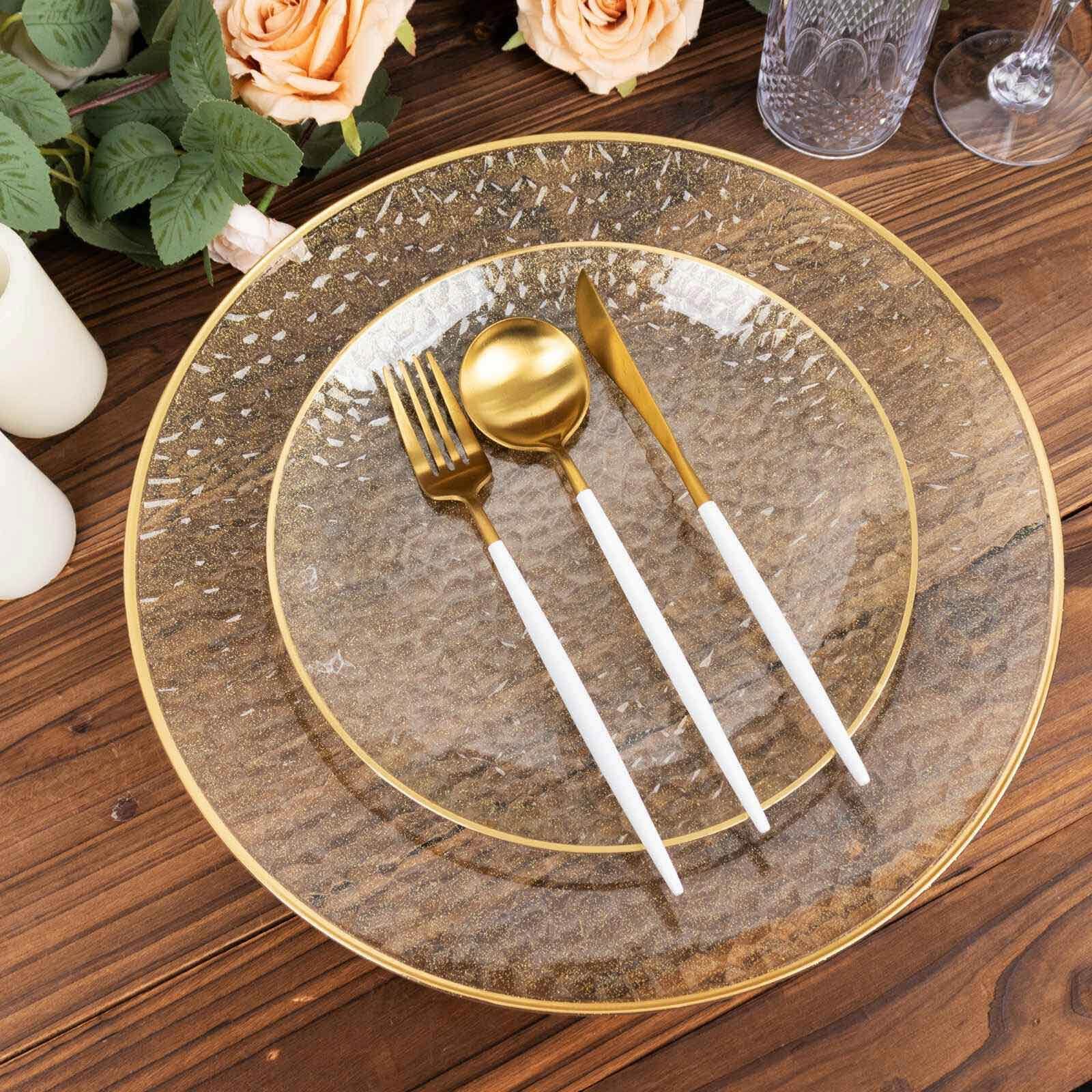10-Pack Clear Plastic Dessert Plates with Gold Glitter Hammered Design and Rim - Disposable for Events