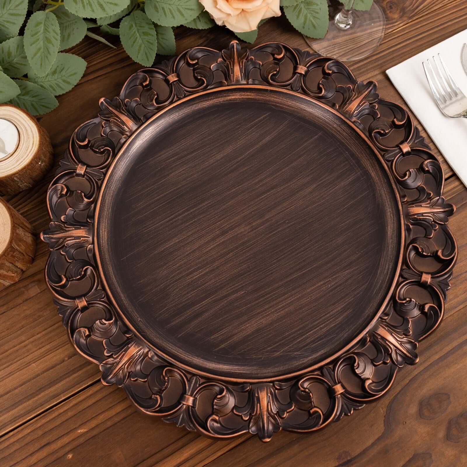 6-Piece Set of 13-Inch Dark Brown Acrylic Round Chargers with Elegant Retro Baroque Rim