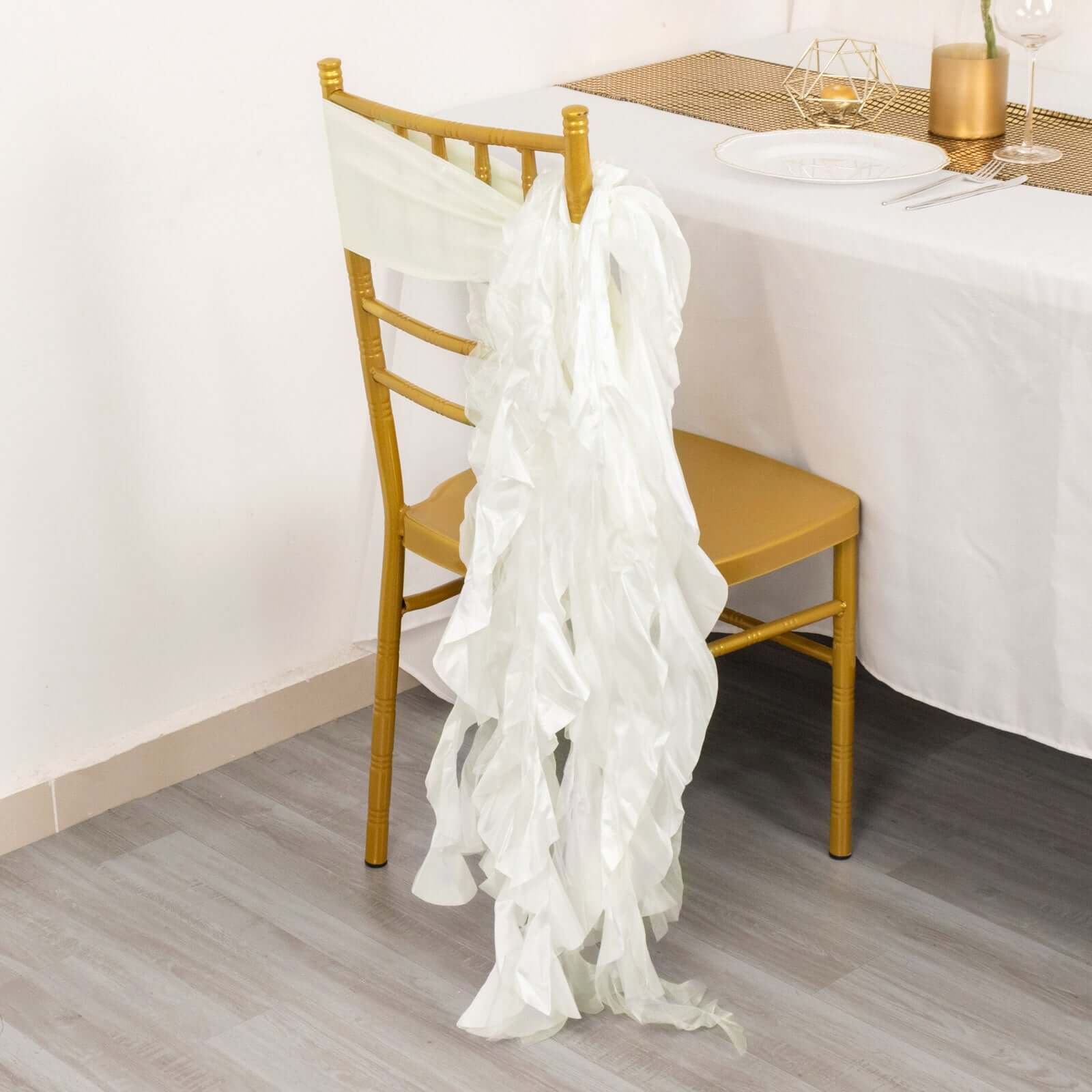 5-Pack Ivory Chiffon Satin Chair Sashes with Curly Willow Style - Easy Installation
