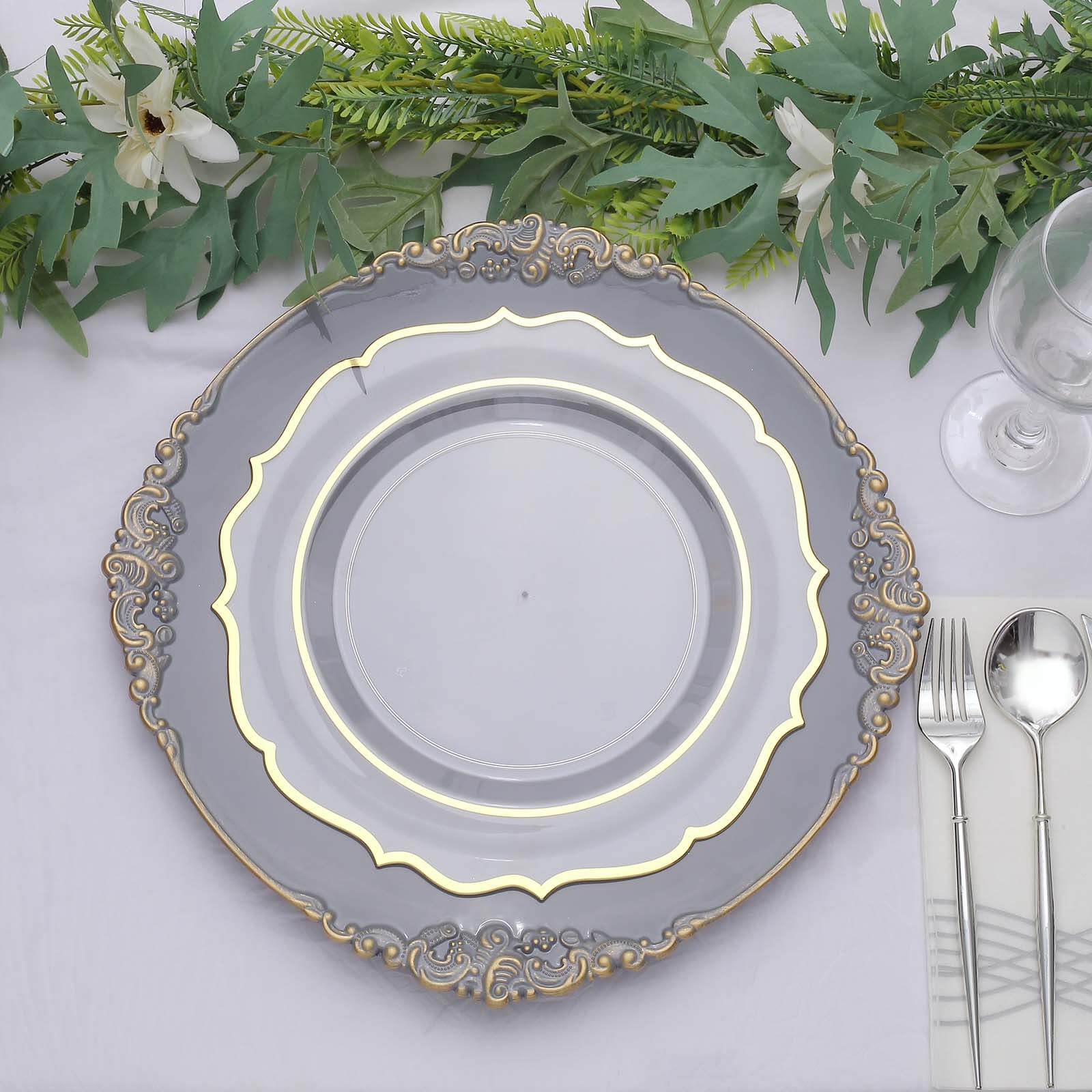 6-Pack 13-Inch Charcoal Gray Acrylic Round Charger Plates with Gold Embossed Baroque Rim - Ideal for Dinner Parties