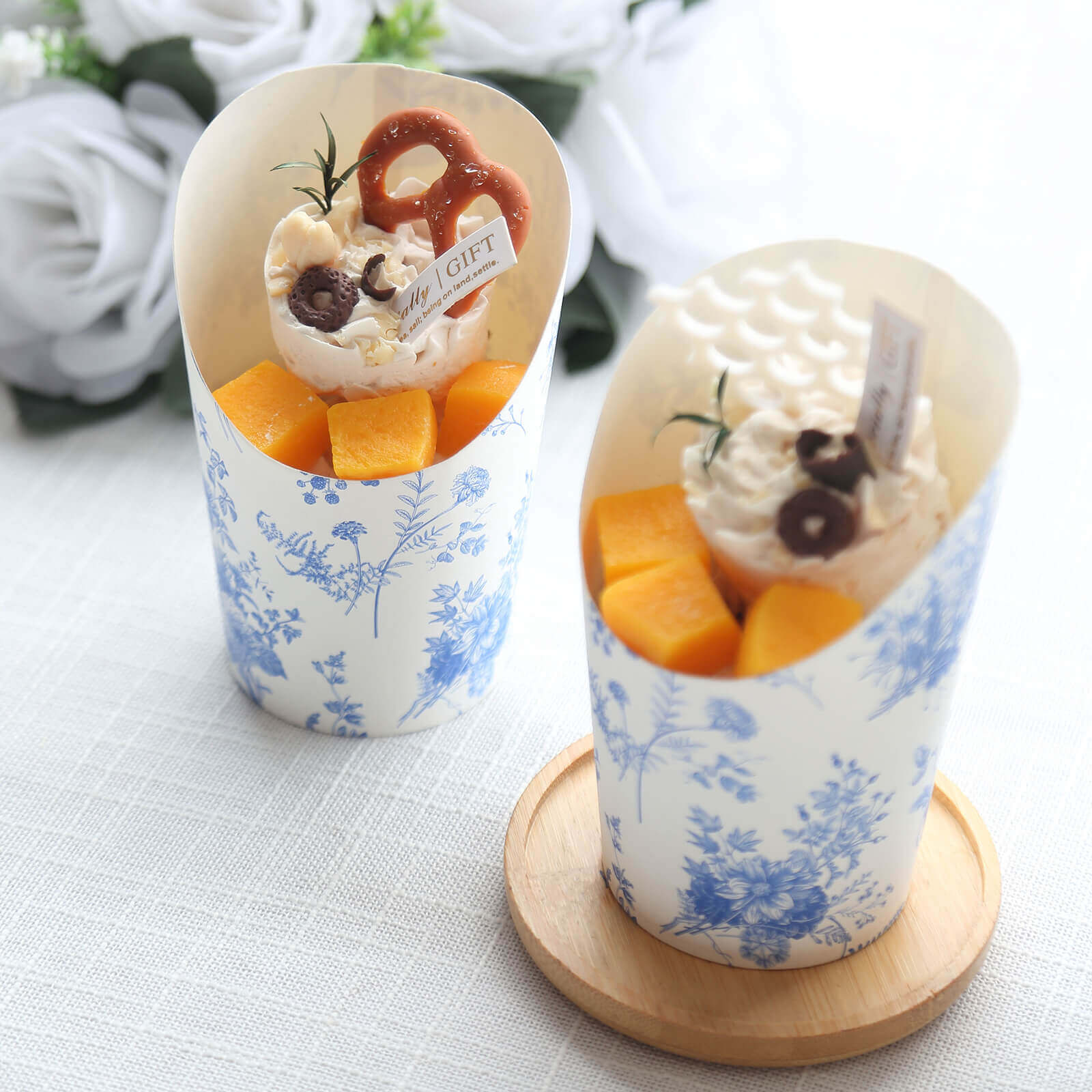 Hot Deal! 50-Pack 14oz Paper Snack Cups with French Toile Floral White & Blue Pattern