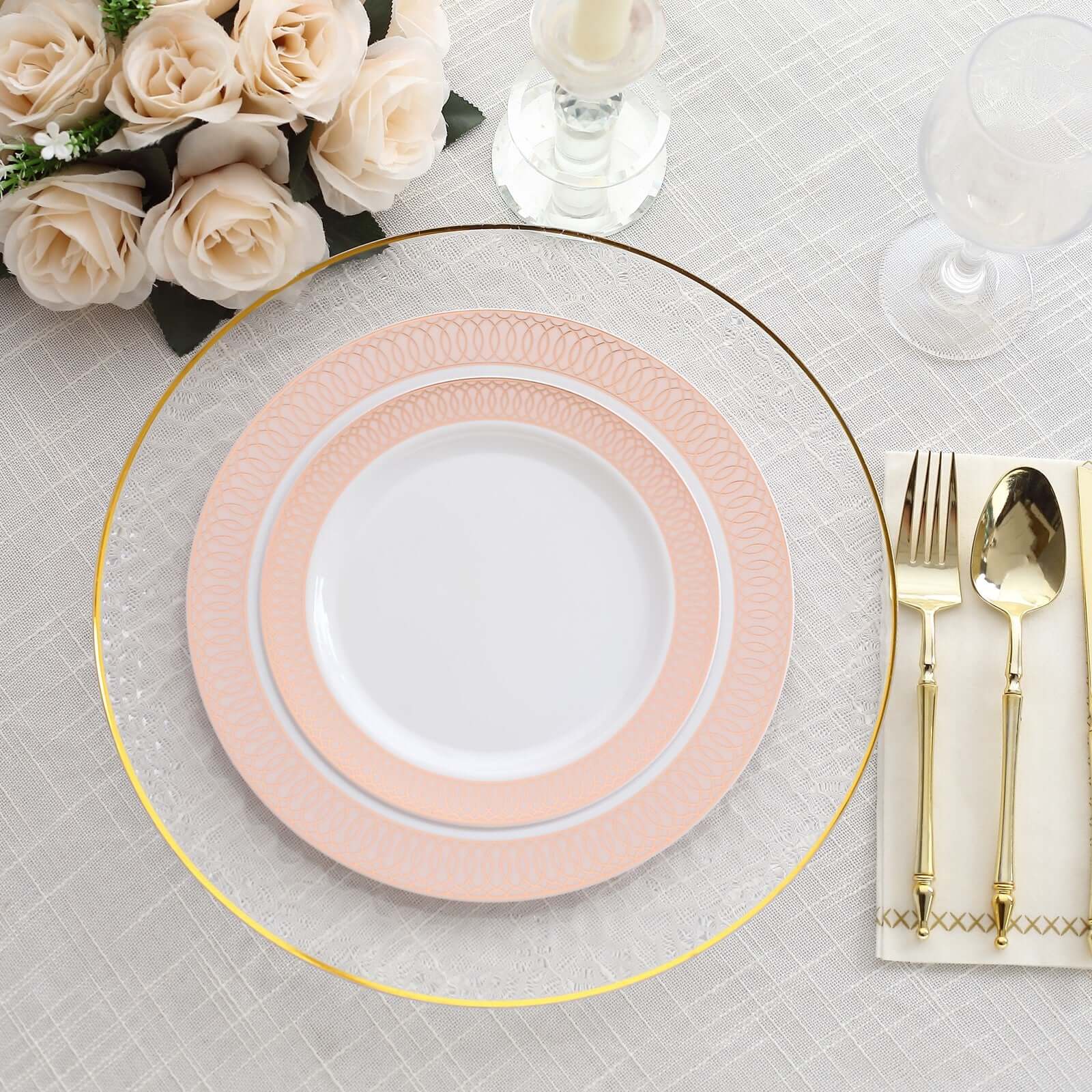 10-Piece Set of White Plastic Round Dinner Plates with Blush Rose Gold Spiral Rim for Parties