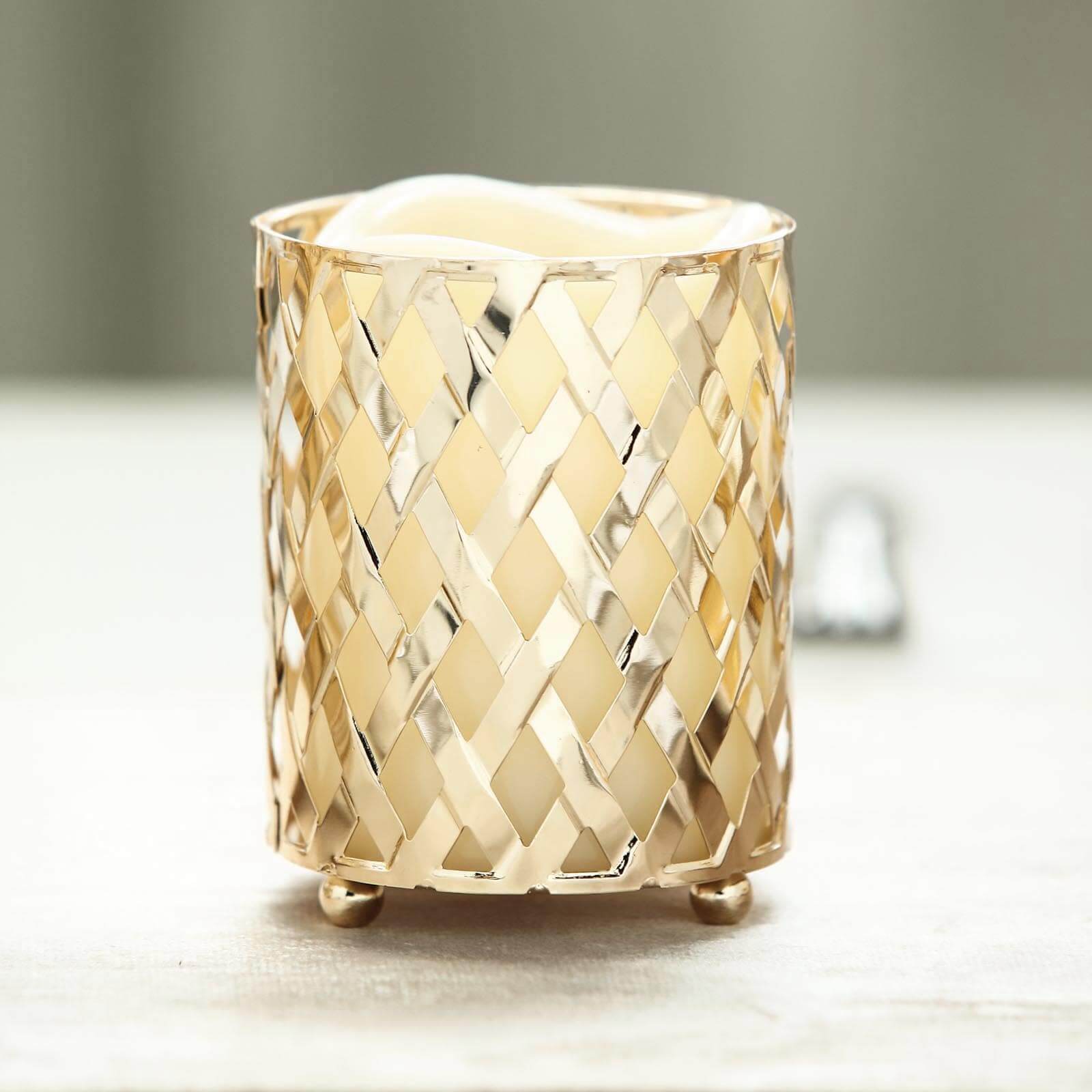 2-Piece Gold Metal Votive Candle Holders with Diamond Cut Geometric Design for Home and Events