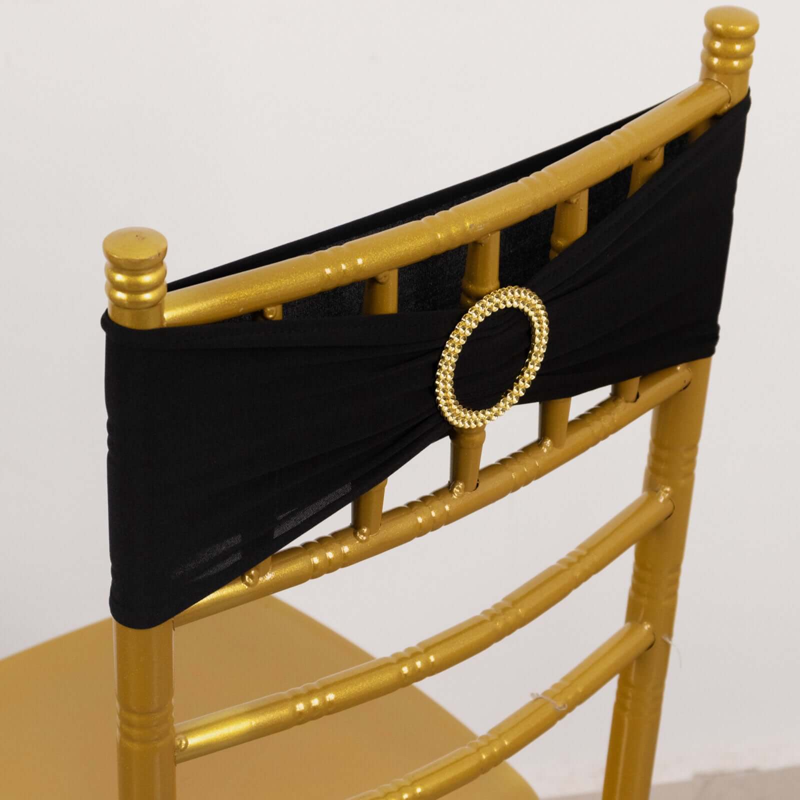 Hot Sale! 5-Piece Set of Reusable Black Spandex Chair Sashes with Gold Rhinestone Plastic Buckles