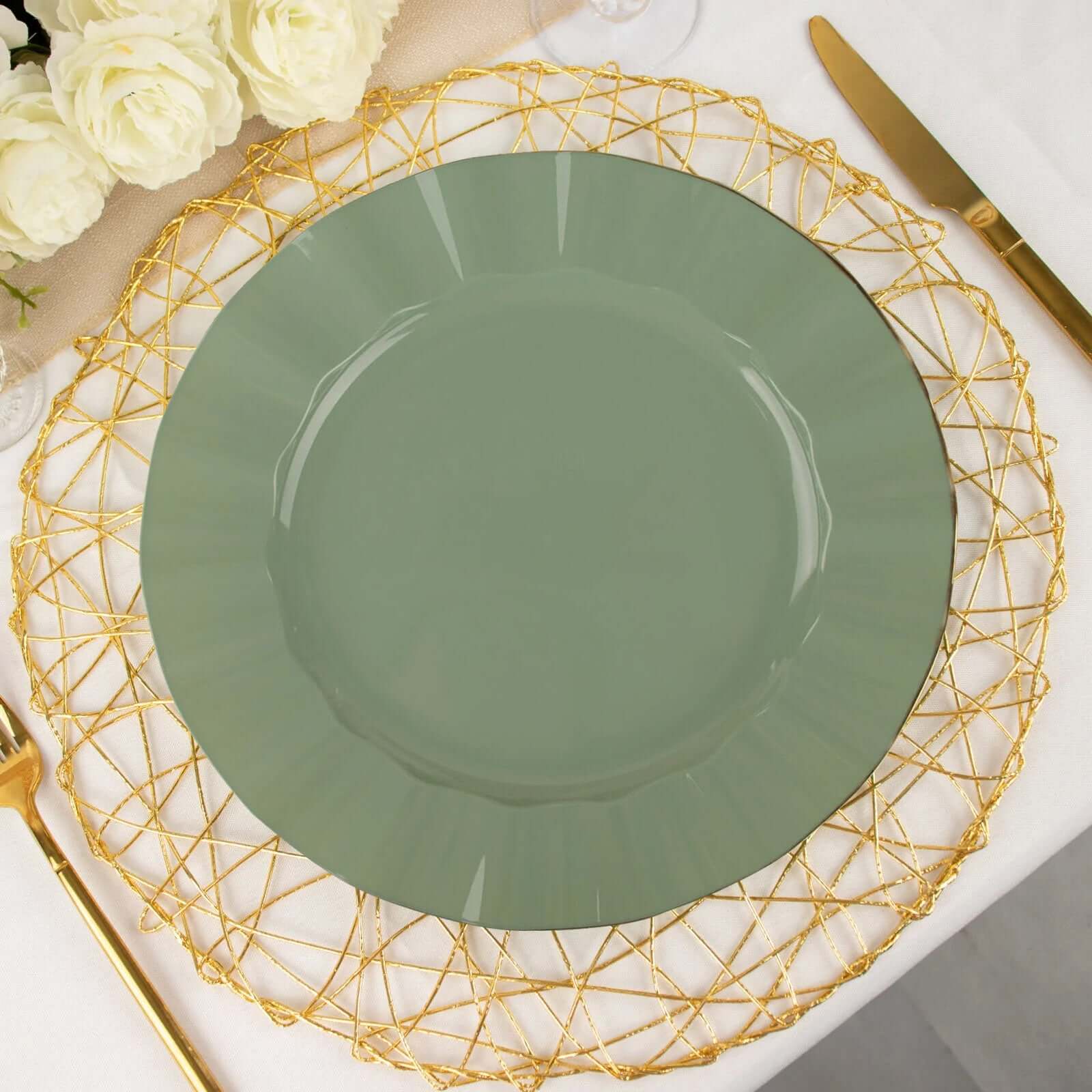 10-Piece Set of Sturdy Disposable 9-Inch Round Dinner Plates in Dusty Sage Green with Gold-Rimmed Ruffle