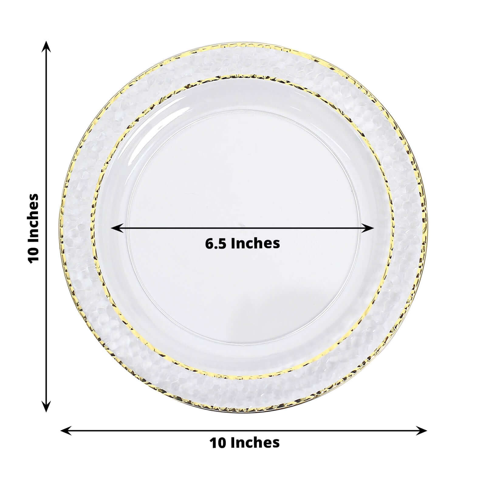 Special Offer! 10-Pack Disposable Round Plastic Dinner Plates with Clear Hammered Design and Gold Rim for Chic Events