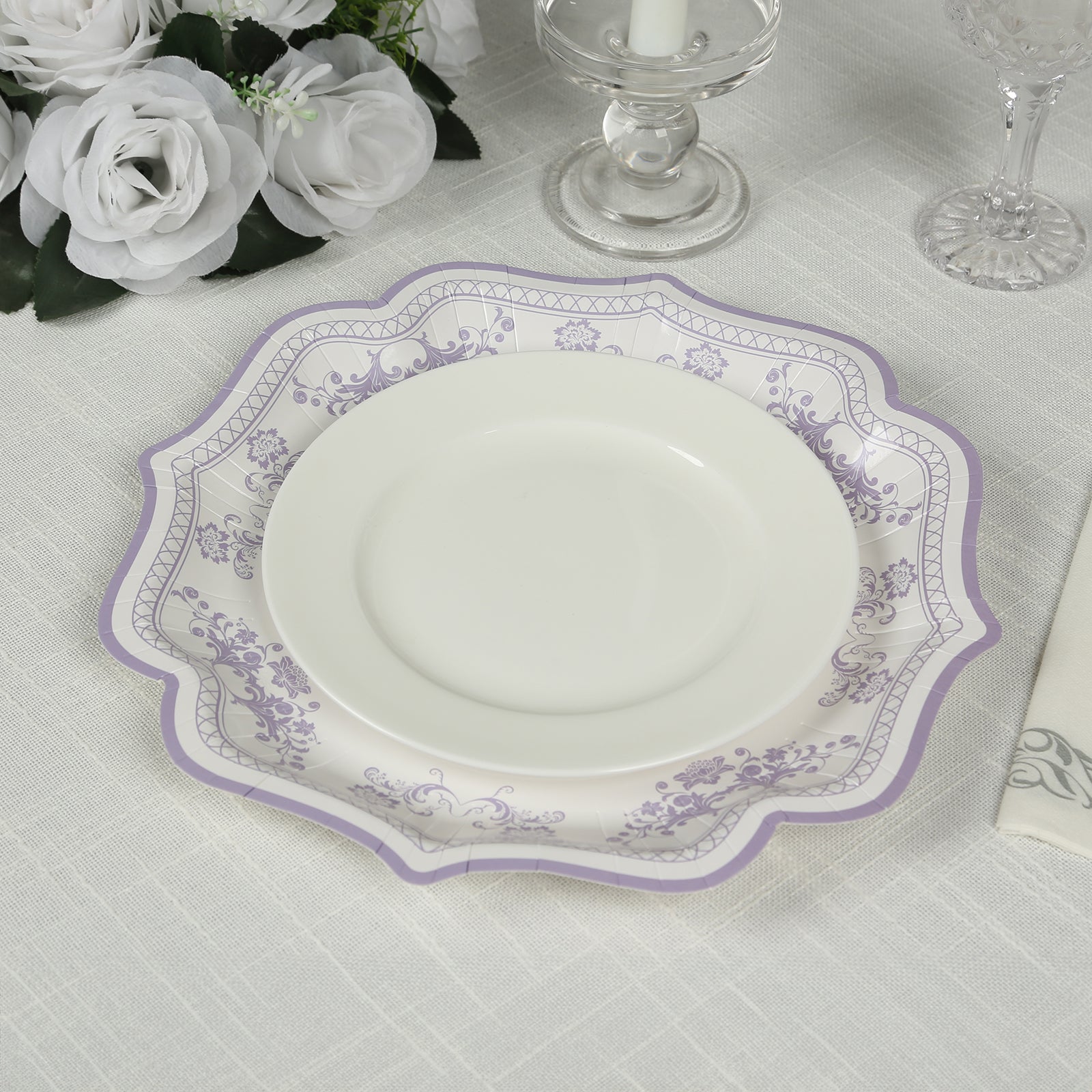 Hot Deal! 25-Pack White & Lavender Lilac Damask Floral Scallop Rim Disposable Paper Dessert Plates (8.5')