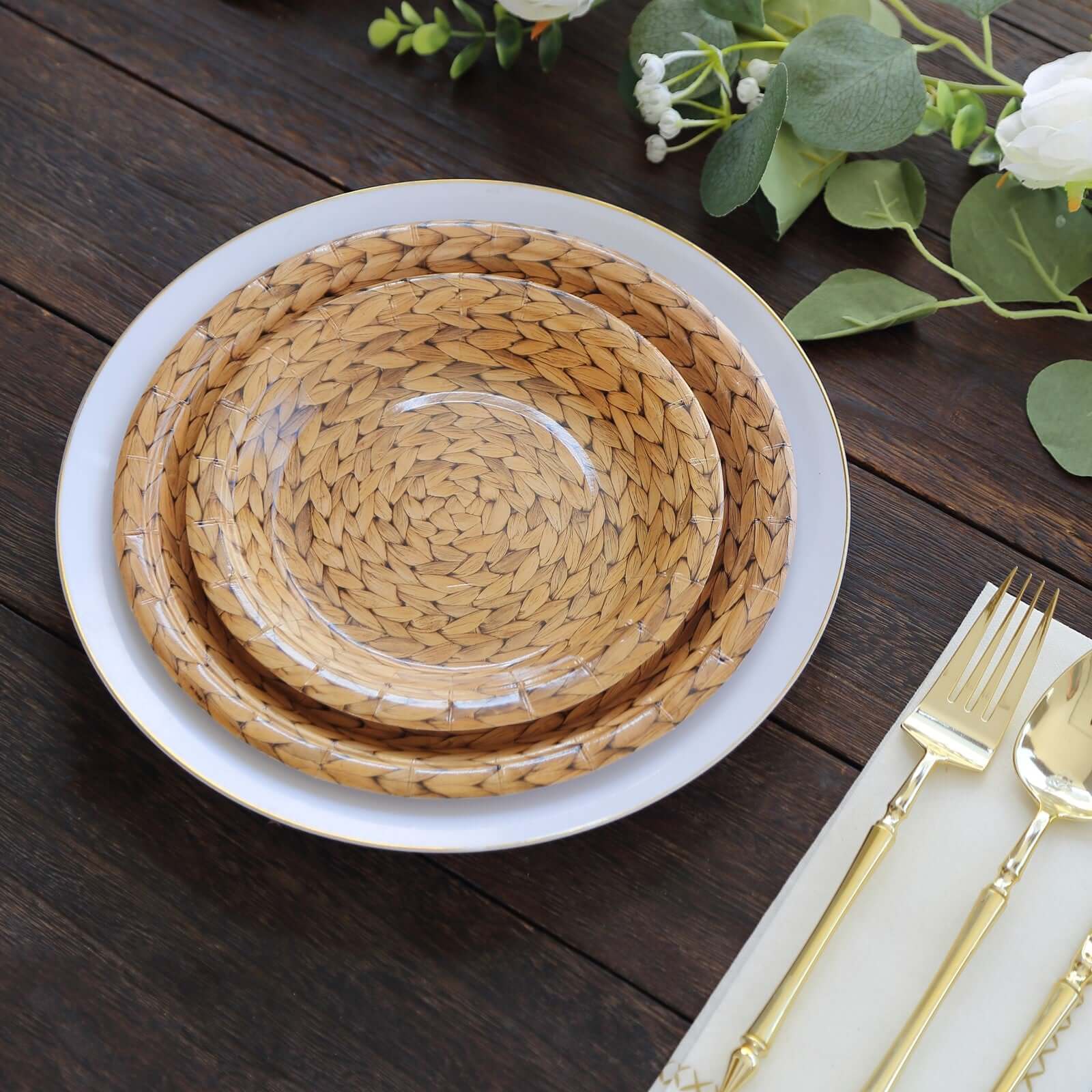 25-Pack 7" Natural Round Paper Dessert Plates with Woven Rattan Print - Premium Disposable Plates for Indoor/Outdoor Events