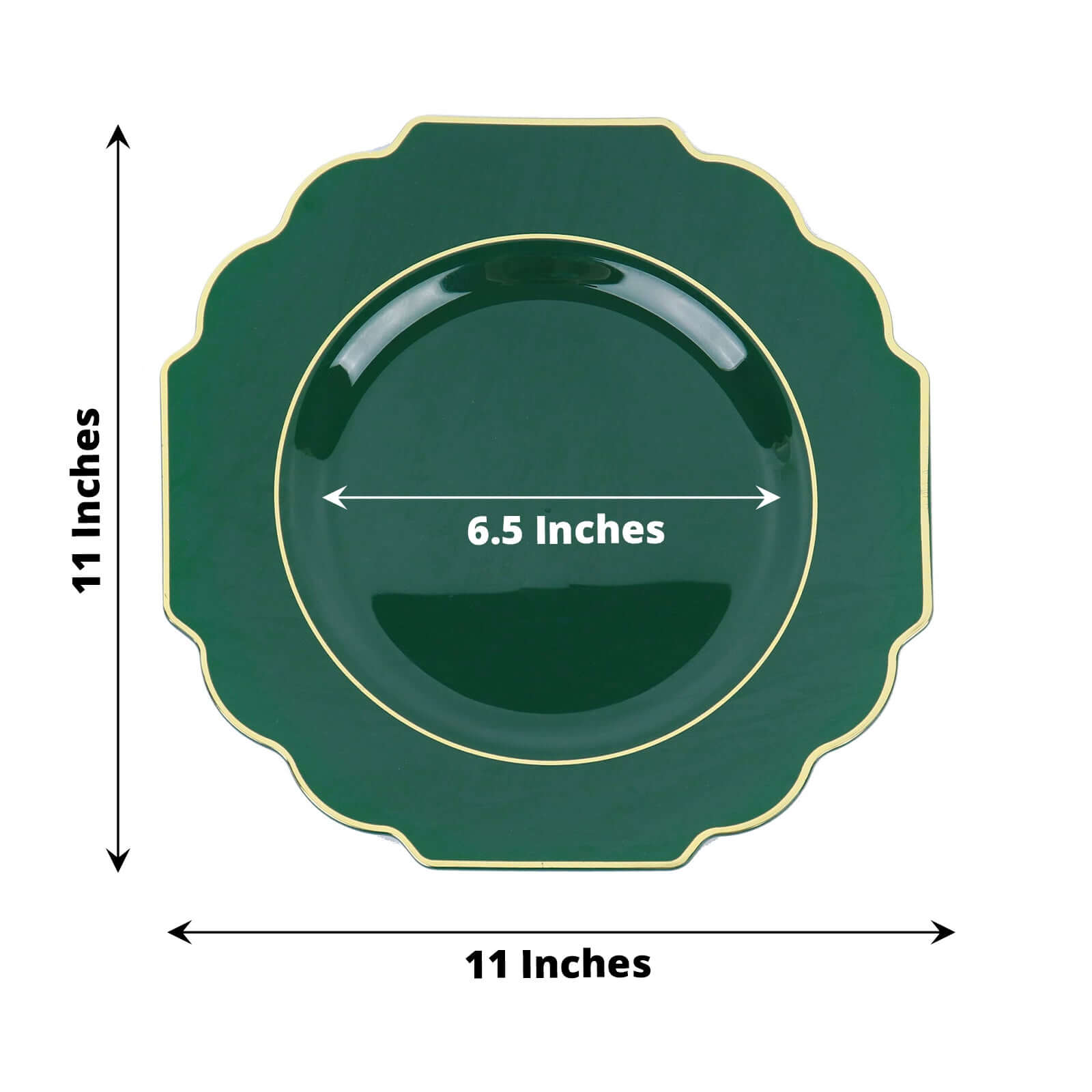 10-Pack Heavy-Duty Disposable Hunter Emerald Green Baroque Dinner Plates with Scalloped Gold Rim