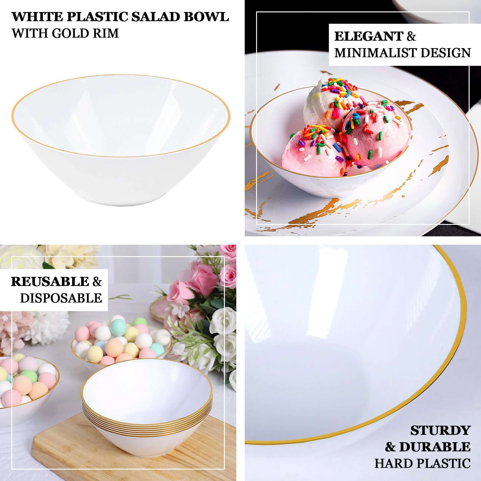 24-Pack 7oz Premium Heavy Duty Plastic Ice Cream Bowls - Glossy White with Gold Rim, Ideal for Events