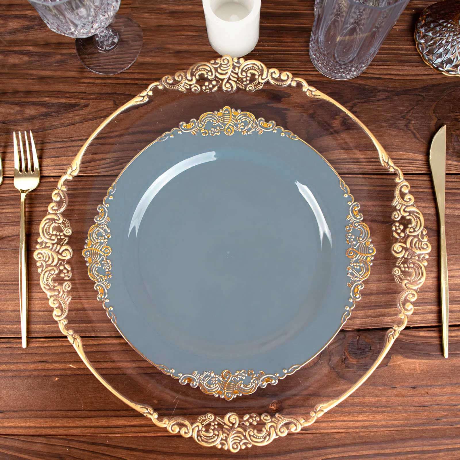 10-Pack Disposable Vintage Baroque Round Dinner Plates in Dusty Blue with Gold Leaf Rim - Great Value!