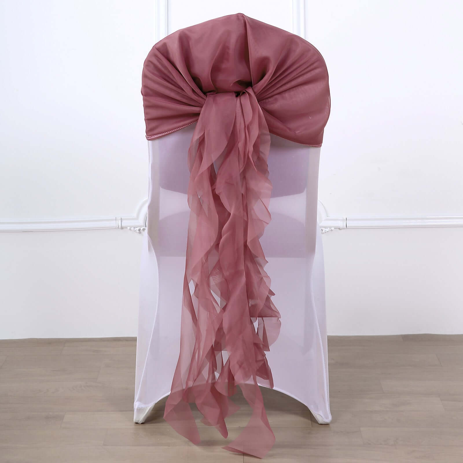 Stylish Mauve Cinnamon Rose Chiffon Chair Sashes Set with Willow Ruffles Design