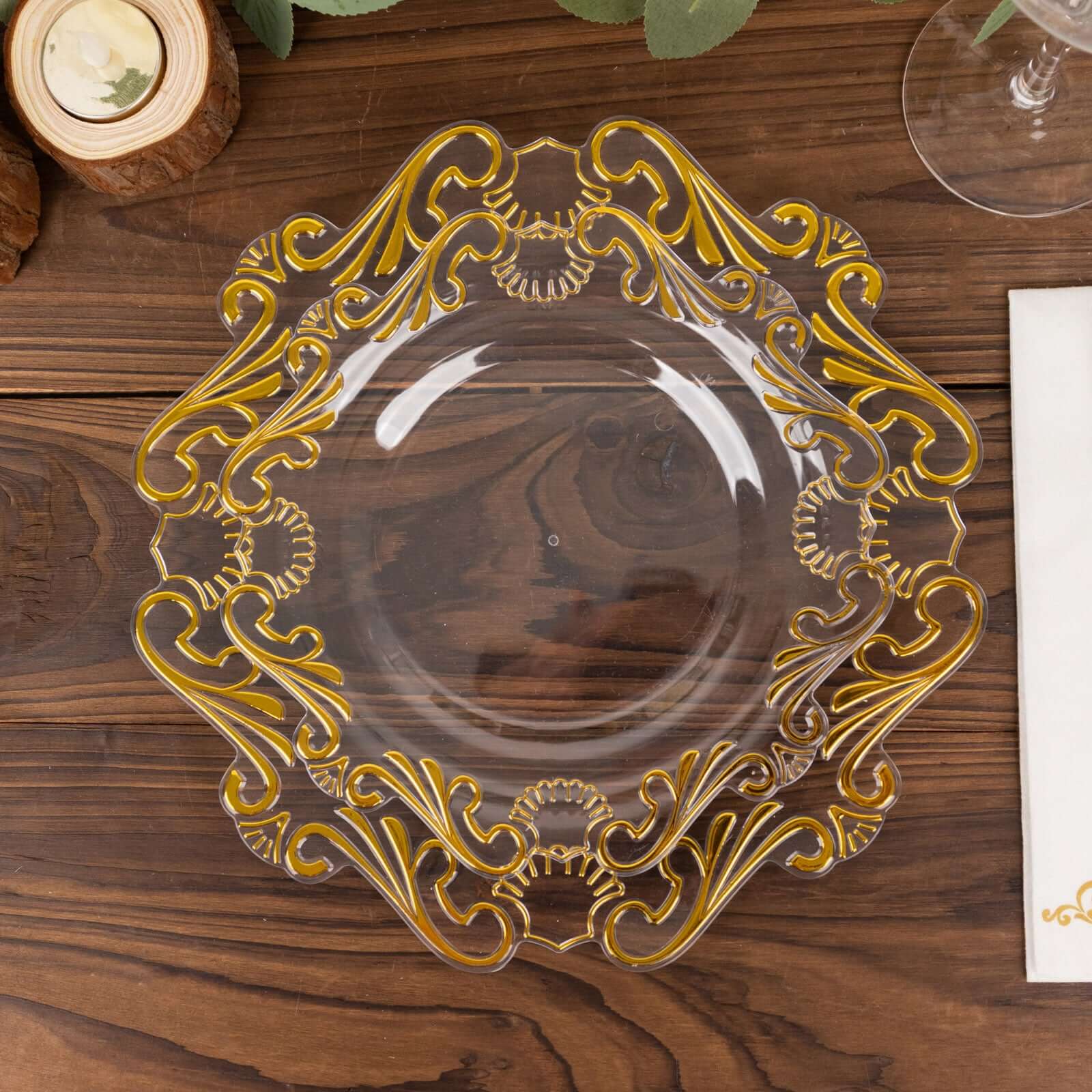 10-Pack Clear Plastic Round Dinner Plates with Gold Vintage Baroque Scalloped Rim - Ideal for Parties