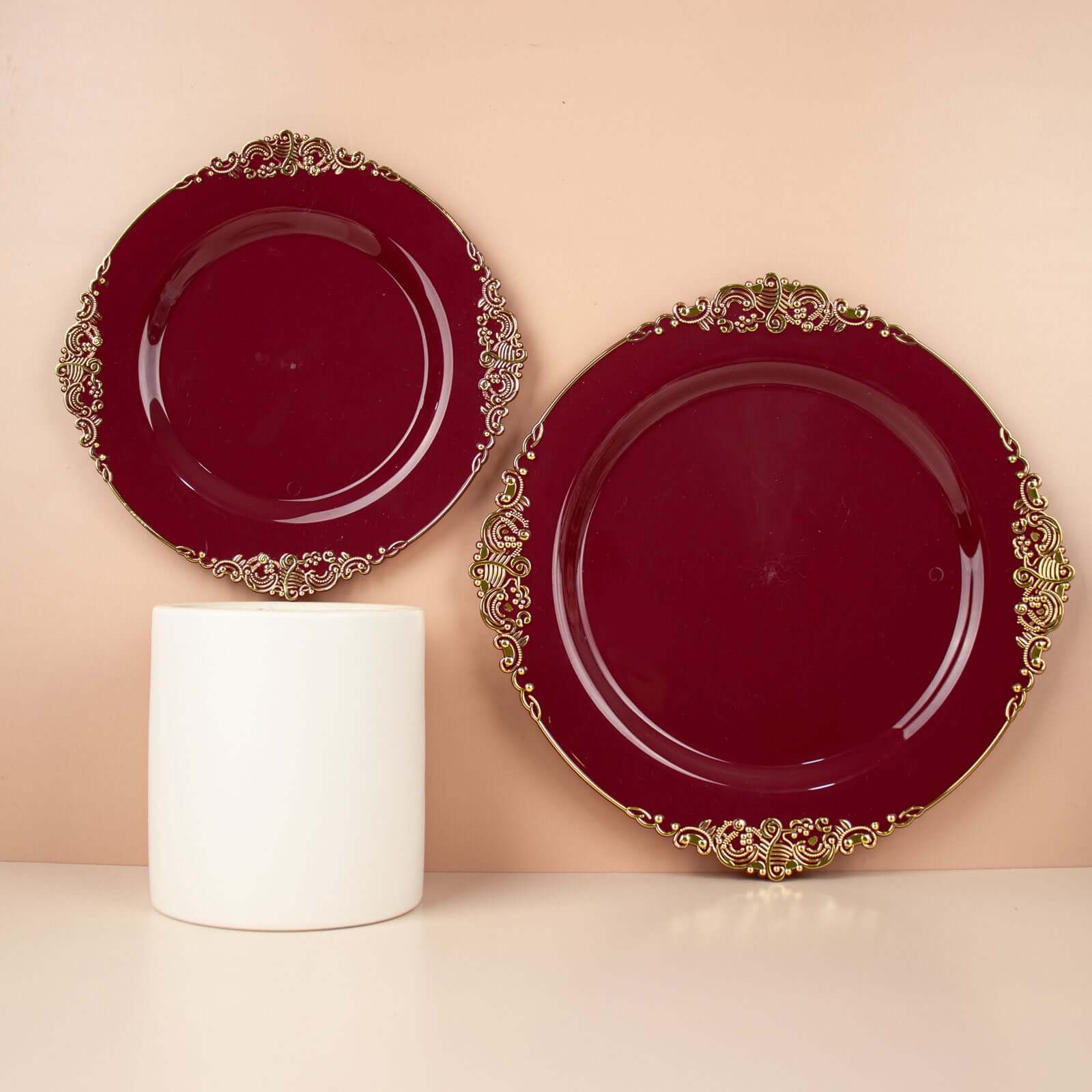 Hot Deal! 10-Pack Disposable Burgundy Plastic Round Dinner Plates with Gold Leaf Embossed Rim, Vintage Baroque Style