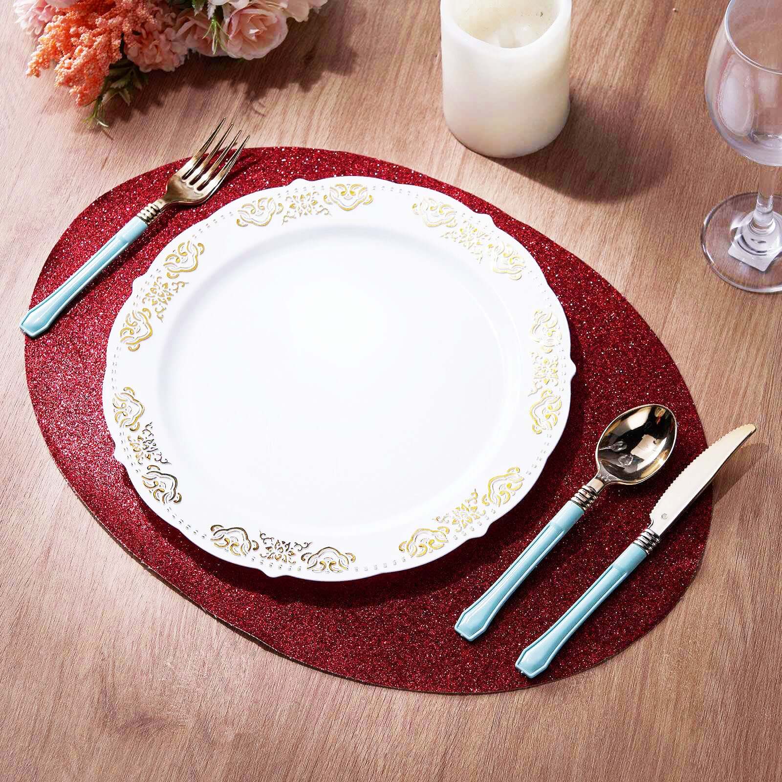 Hot! 6-Pack Burgundy Glitter Oval Non-Slip Dining Placemats 12x18