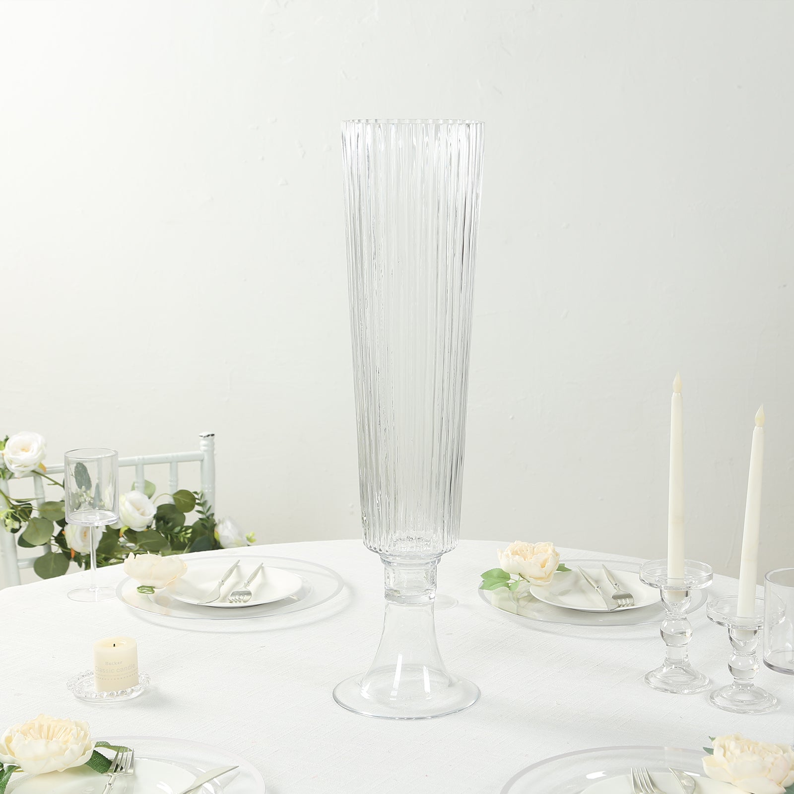 4-Pack Clear Glass Trumpet Vases with Ribbed Design - Durable 26-Inch Event Centerpieces